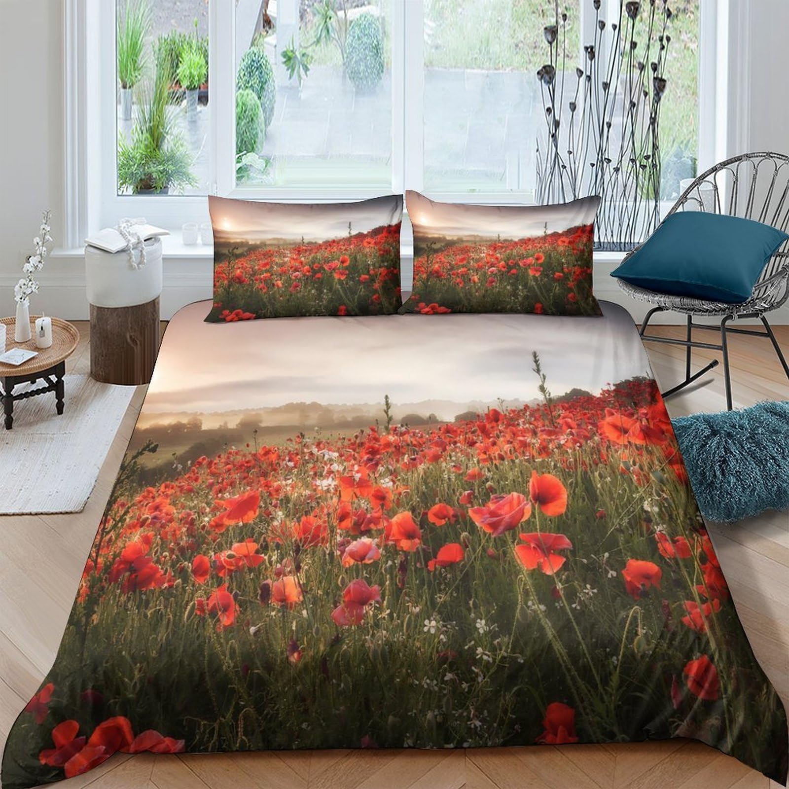 Ctjqhvkz Style-4 3D Printed Poppy Field Fitted Sheet Microfiber Red Flower Meadow Bed Cover For Bedroom Guest Room Mattress Protection Single（135X200cm）