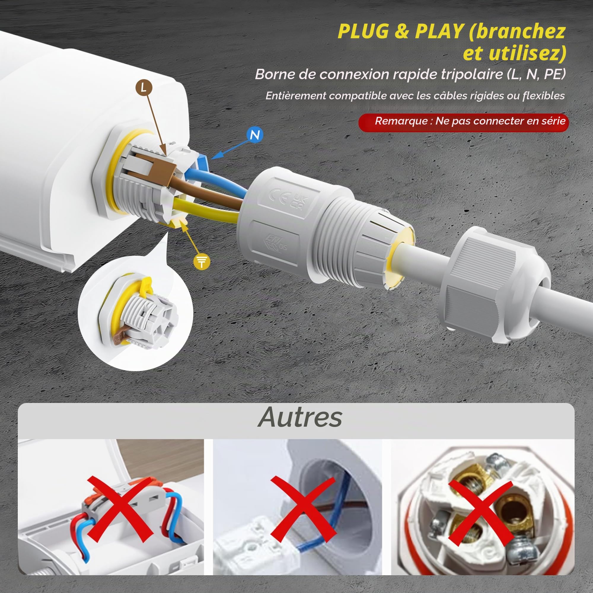 GeyouLux Réglette LED 120 cm, 40W 5040 lm 5000K Blanc Froid IP65 Étanche, Neon LED garage avec fil de terre, 192 LEDs sans scintillement, Tube plafonnier pour garage atelier cave, Blanc