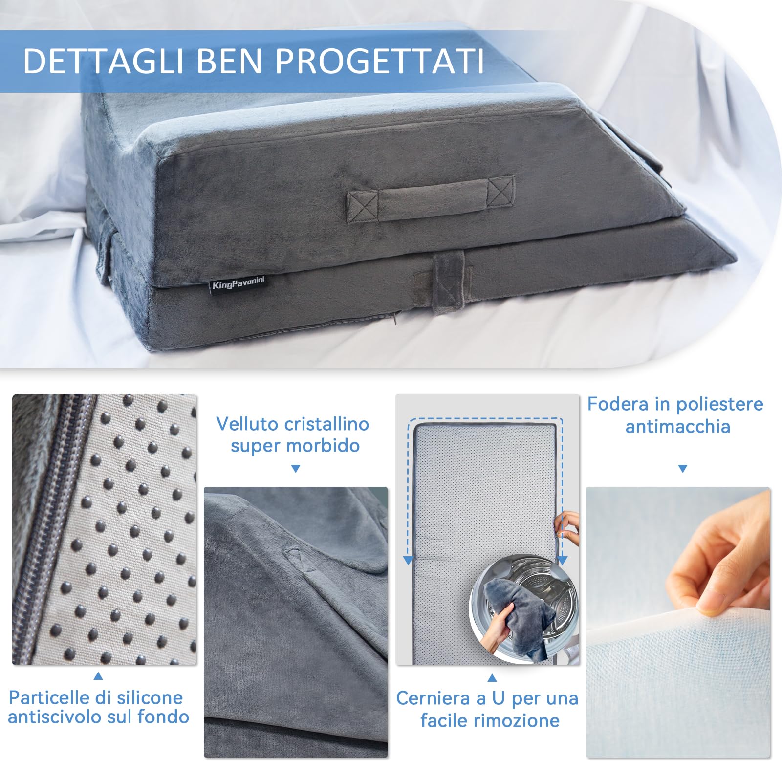 KingPavonini Cuscino per le gambe regolabile in altezza in 4 livelli, inserto post-op/lesioni/riposo, cuscino per gambe in memory foam con 3 manici e inserto per imbottitura, lavaggio in velluto