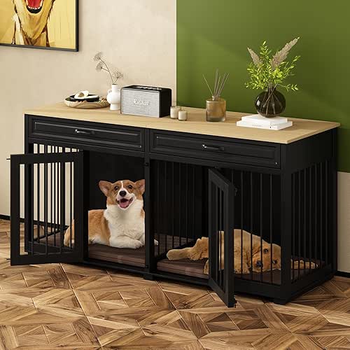 64.6" Large Double Dog Crate Furniture, Wooden Dog Crate Kennel