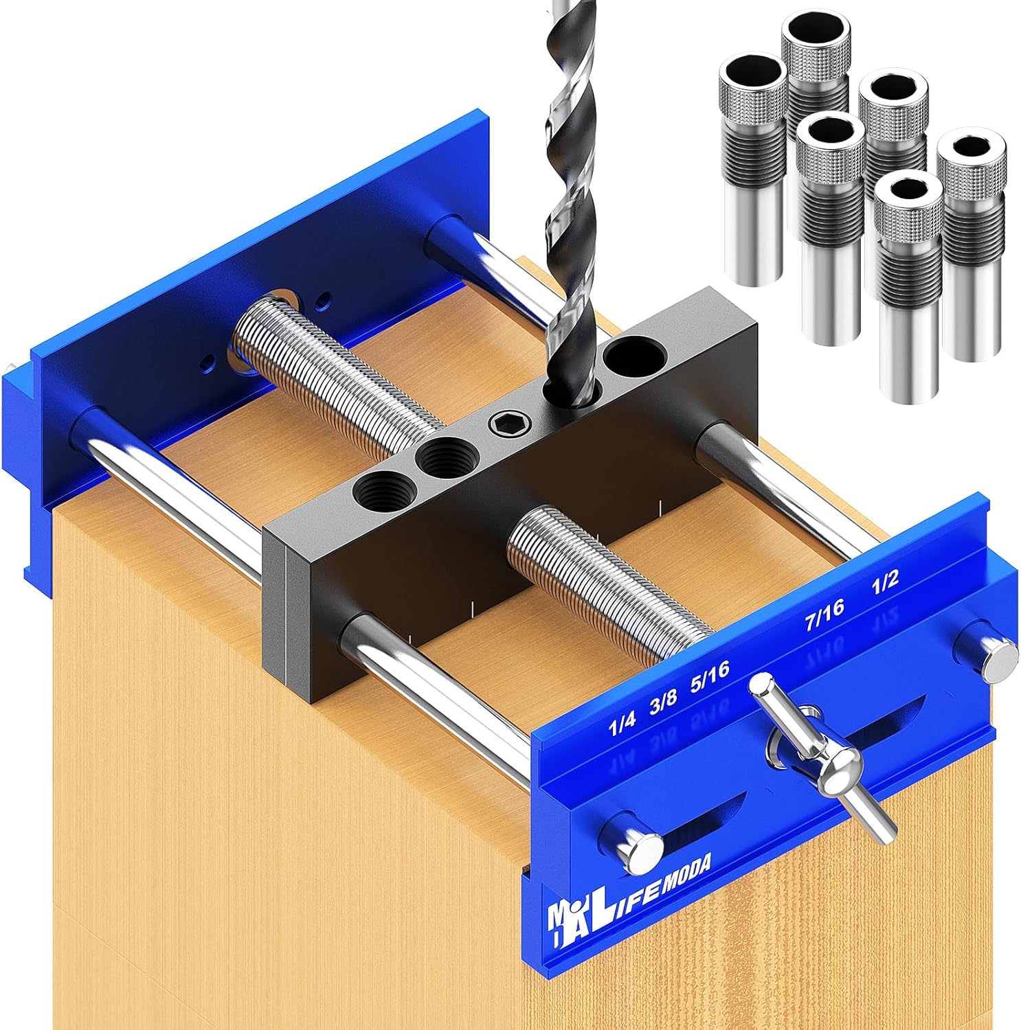 Upgraded 6.7 inch Self Centering Doweling Jig Kit, Drill Jig For Straight Holes Biscuit Joiner Set With 6 Drill Guide Bushings, Adjustable Width Drilling Guide Tool Accessory Jigs (Blue) Large