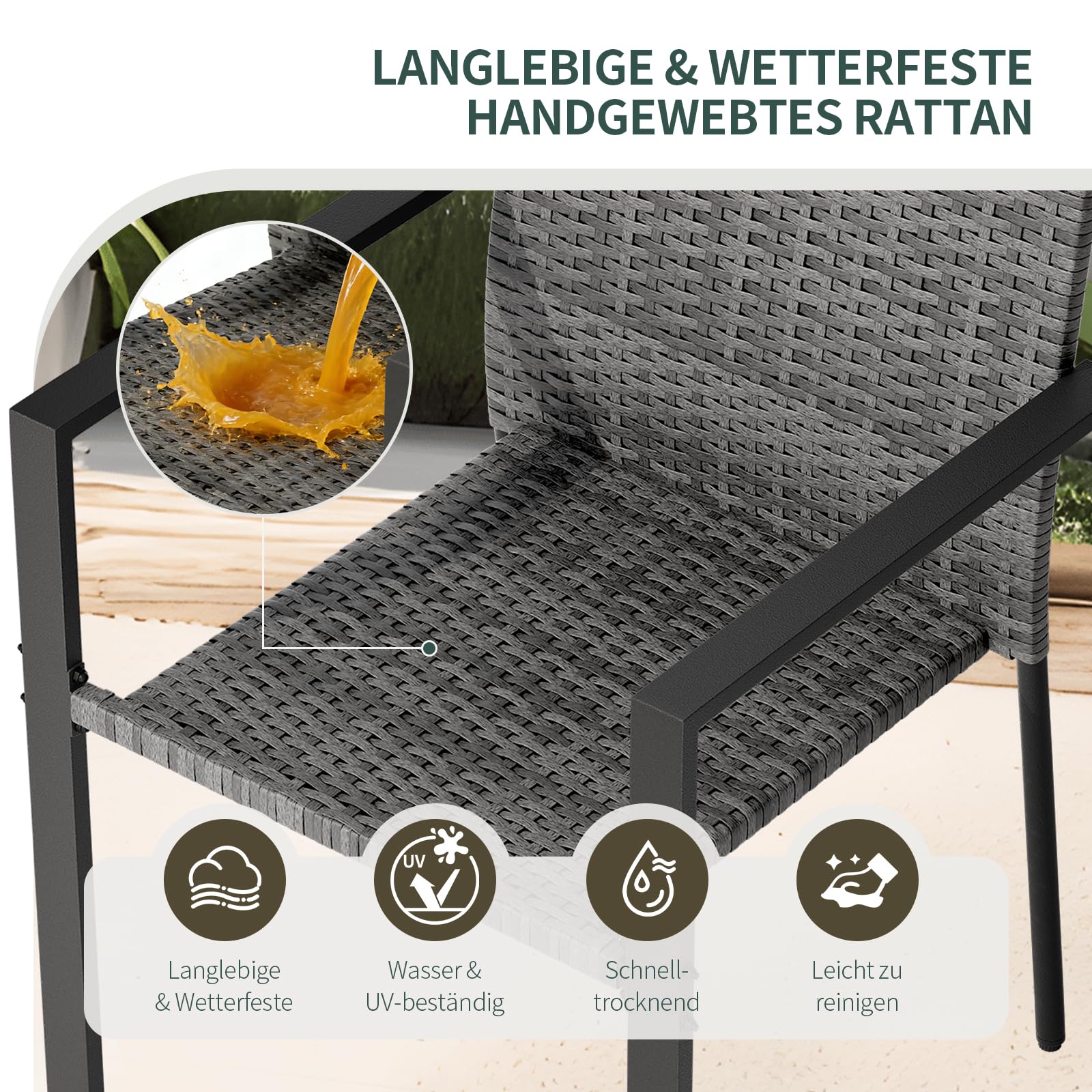 Amopatio Gartenstühle Stapelbar 6er Set, Polyrattan Stapelstuhl Garten mit Armlehnen, Stabiler Stahlrahmen, Wetterfest Rattansessel - Rattan Balkonstühle für Balkon, Terrasse, Grau