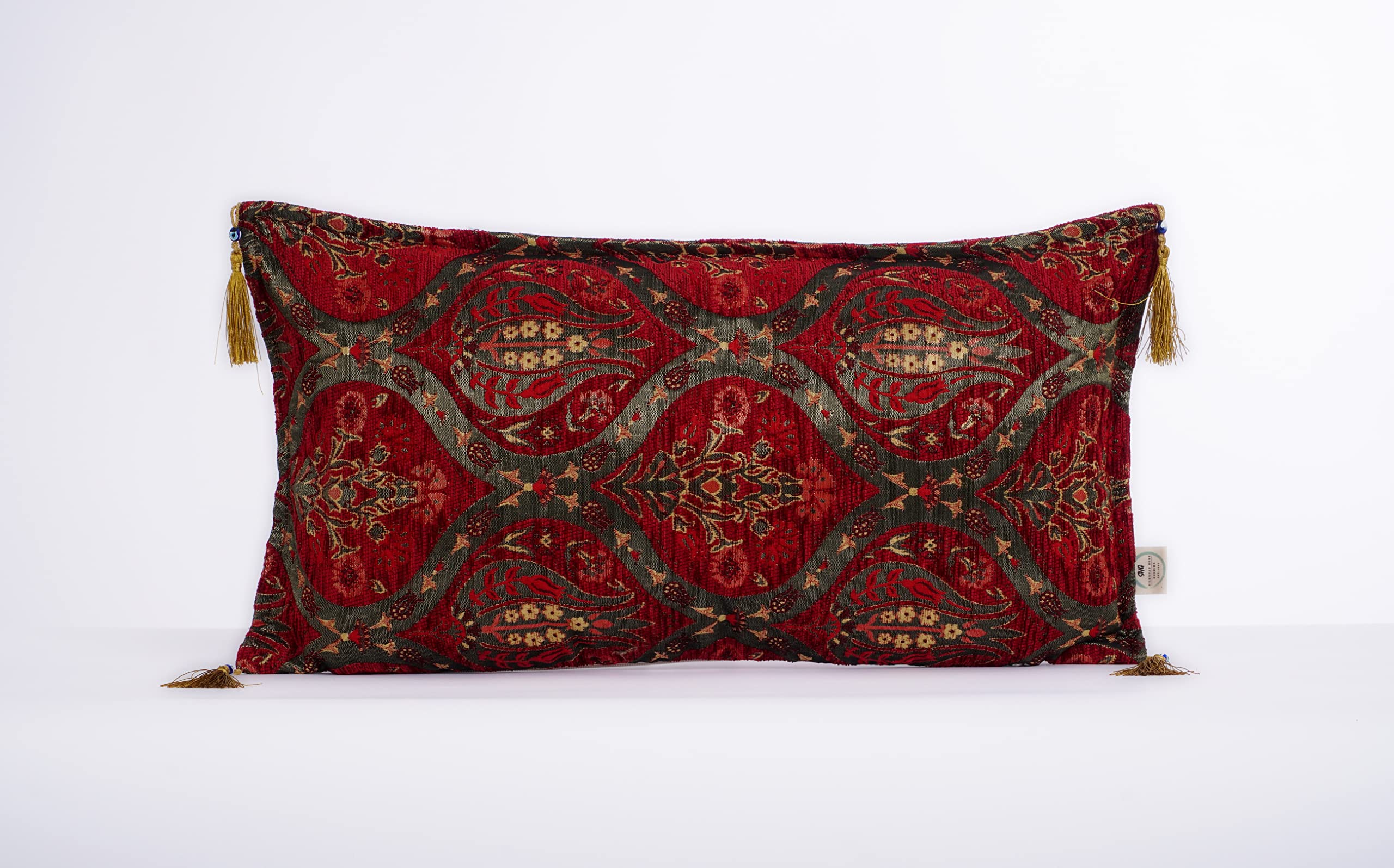 Boho Decorative Lumbar Pillow Cover Set of 2 |%100 Soft Chenille Red-Gold Upholstery Fabric Couch Pillow Case with Tulip Floral Design and 4 Evil Eye Beaded Tassels (12x20, Red)