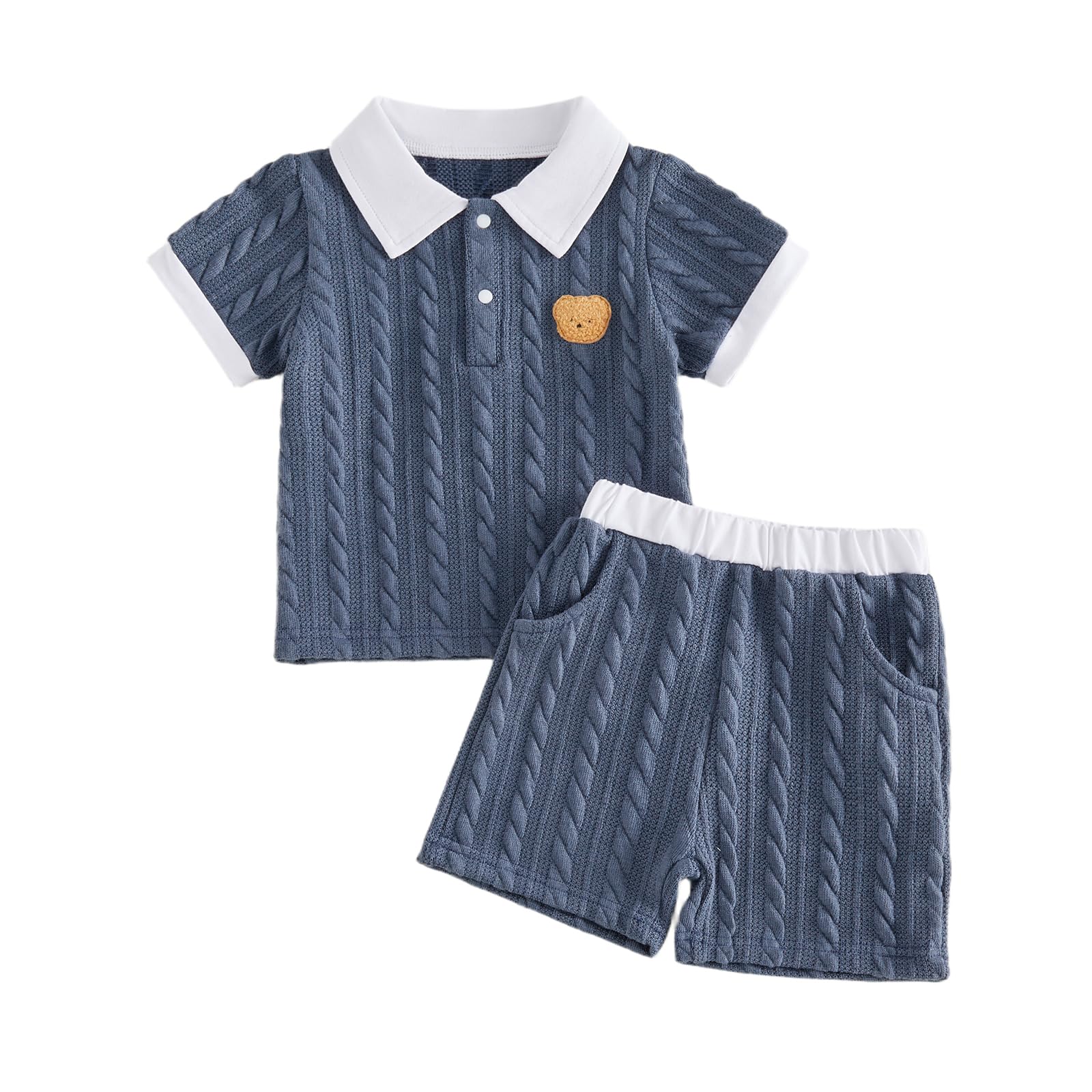 Carolilly Ensemble 2 Pièces Bébé Garçon, Polo à Manches Courtes + Short, Motif Tricot Torsadé, Col Blanc, Broderie Ours