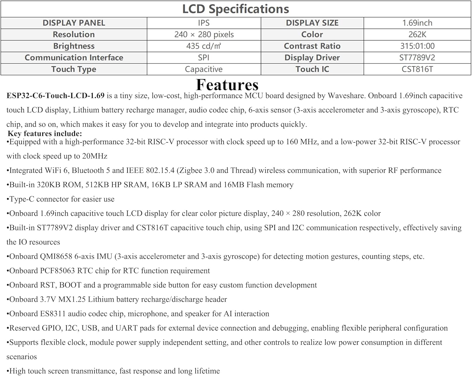 ESP32-C6 1.69inch Touch LCD Development Board, ESP32 with Display 240×280 Pixels, Supports Wi-Fi 6/BLE 5, 160MHz RISC-V Processor, SPI Interface, AI Speech, Support AI Voice Interaction, with Speaker