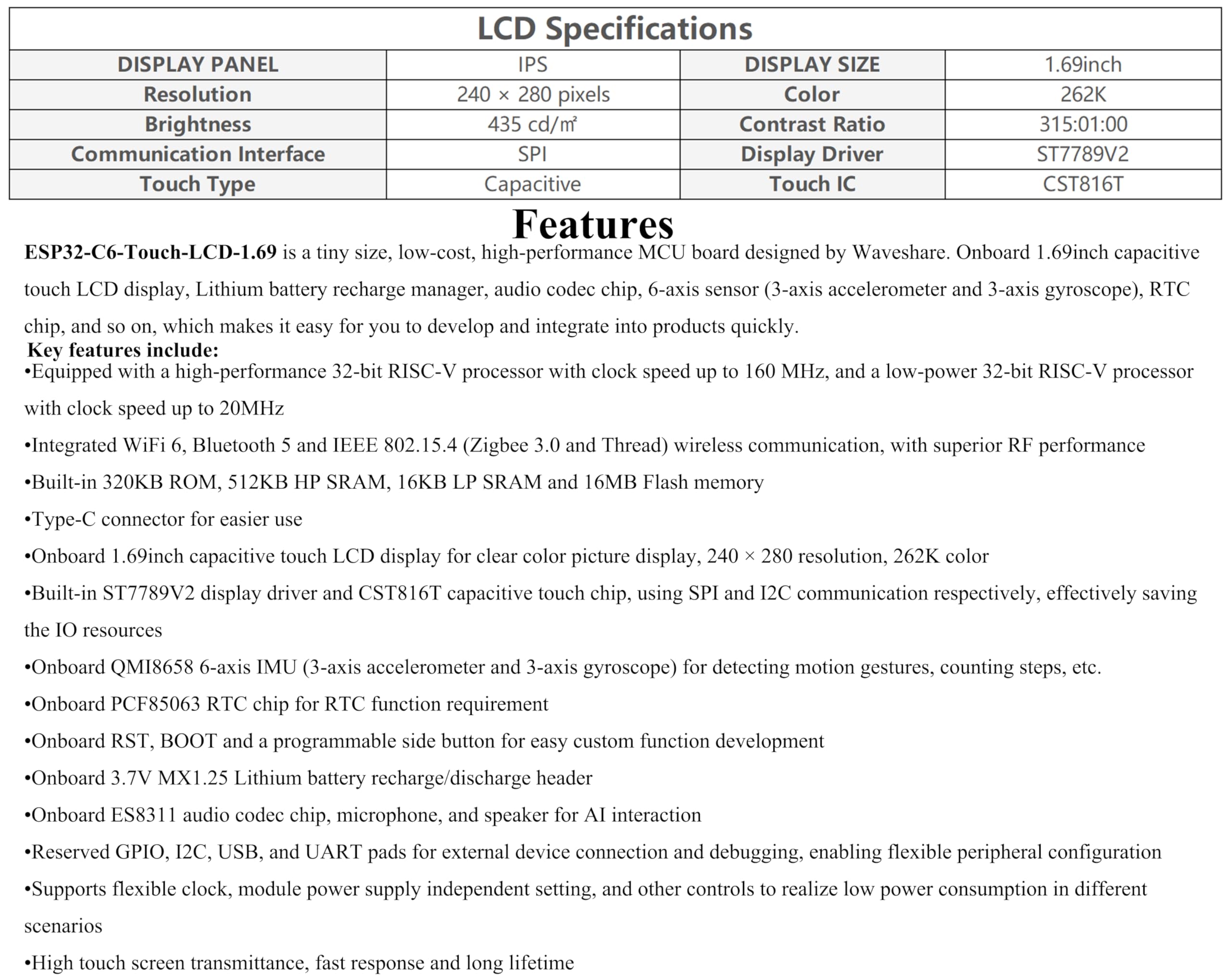 ESP32-C6 1.69inch Touch LCD Development Board, ESP32 with Display 240×280 Pixels, Supports Wi-Fi 6/BLE 5, 160MHz RISC-V Processor, SPI Interface, AI Speech, Support AI Voice Interaction, with Speaker