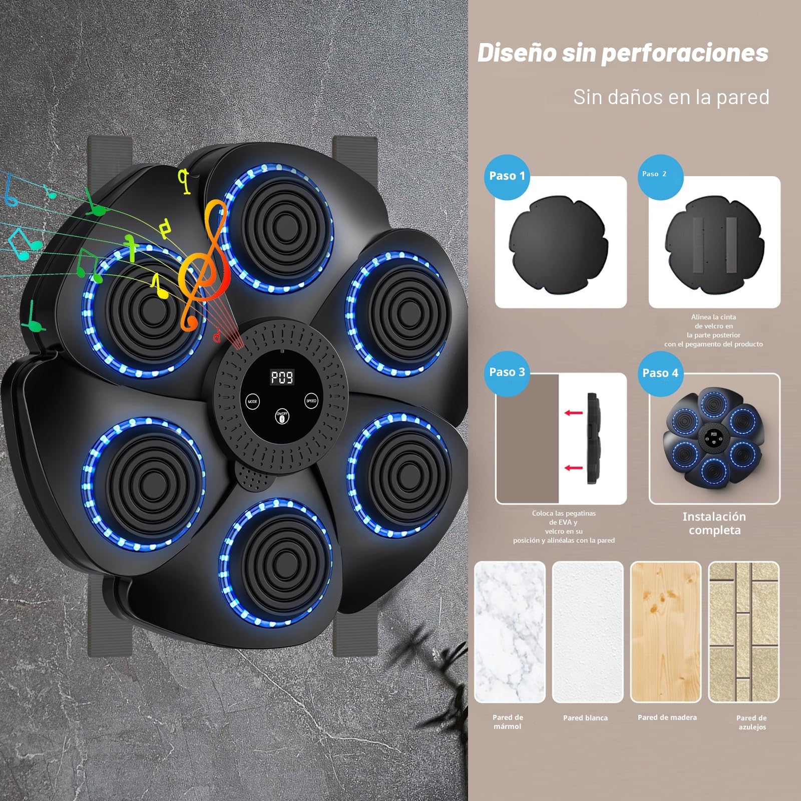 Máquina de boxeo musical, nueva máquina de boxeo inteligente Bluetooth 2024 con guantes de boxeo, montada en la pared, 9 modos de velocidad y modo contador para adultos y niños