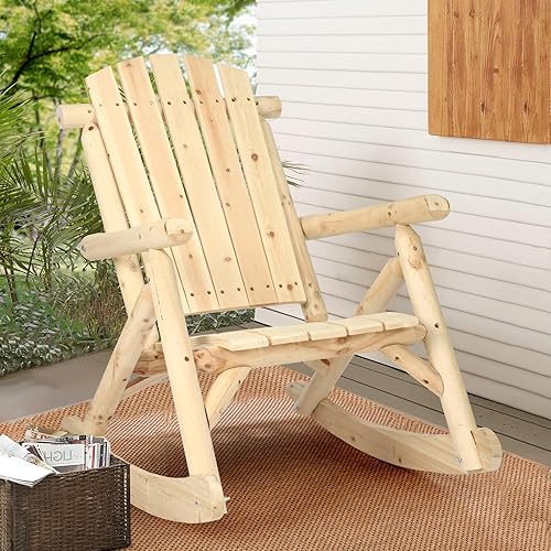 HOMEDIARY Silla mecedora Adirondack de madera, silla mecedora de troncos para patio al aire libre con diseño de madera de rejillas, respaldo alto en
