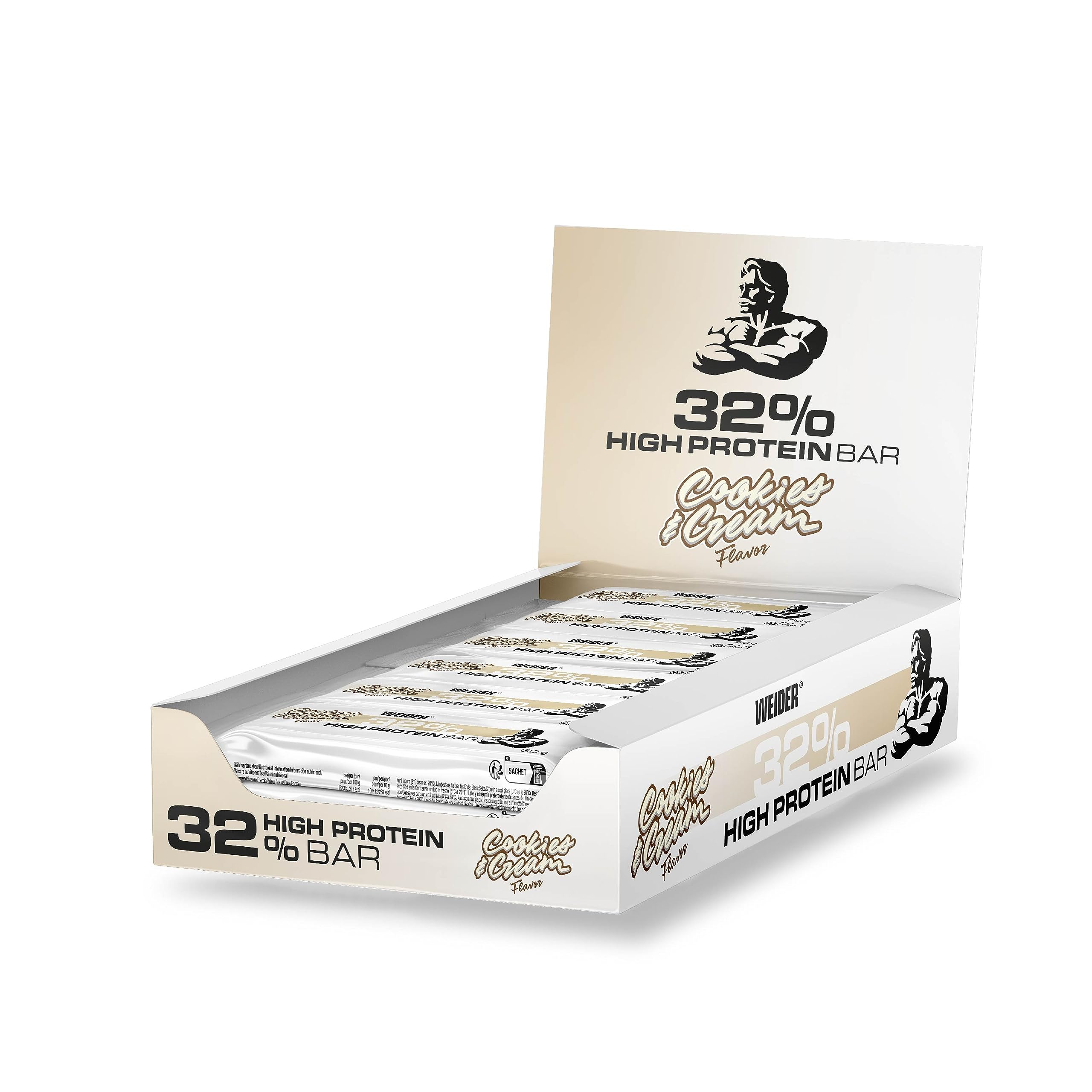 Weider 32% High Protein Bar - 12 x 60g Pack, Cookies & Cream