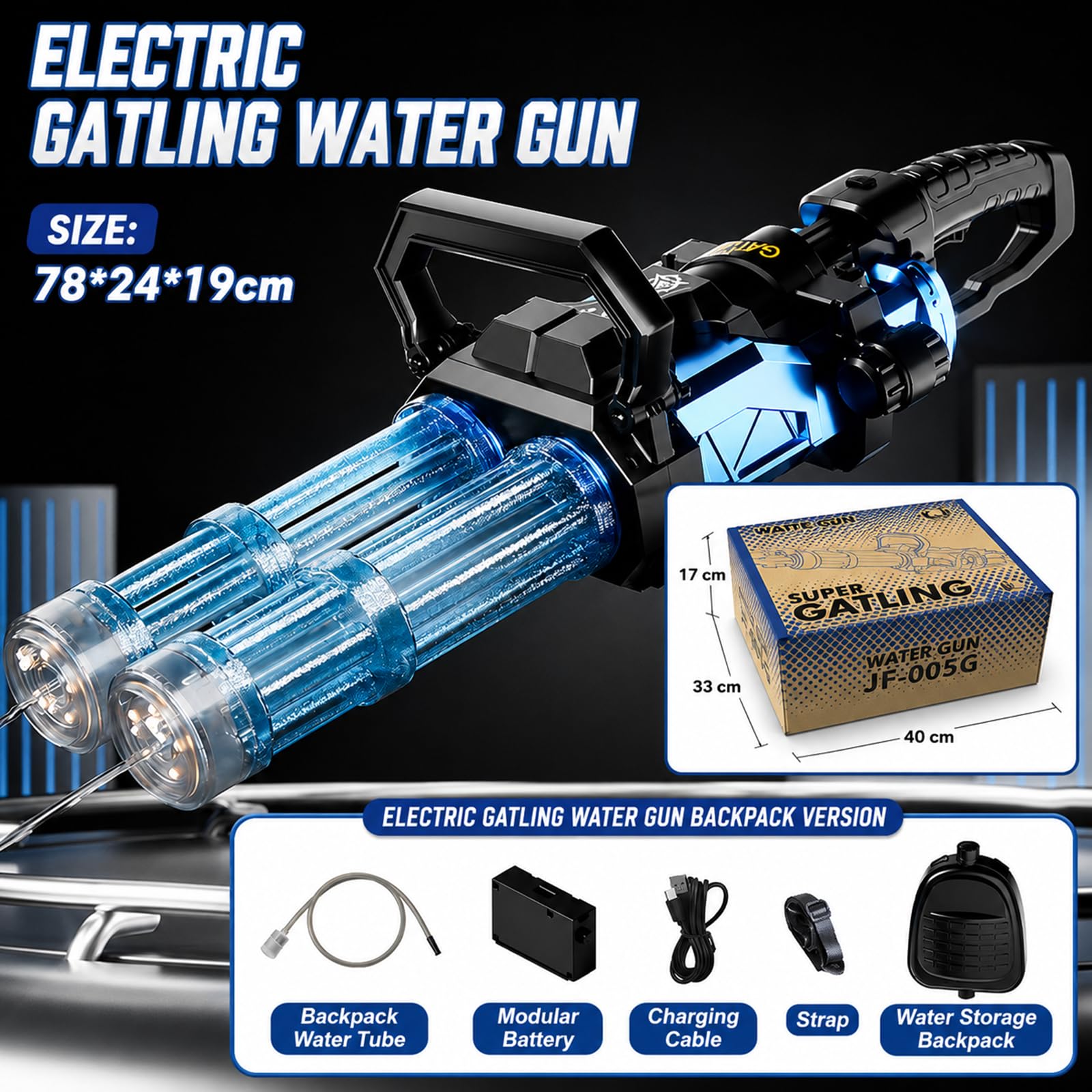 Elektrische Wasserpistole Doppelläufige Gatling mit LED Lichtern für Erwachsene Sommer, Strandparty und Schwimmbad (Blau)