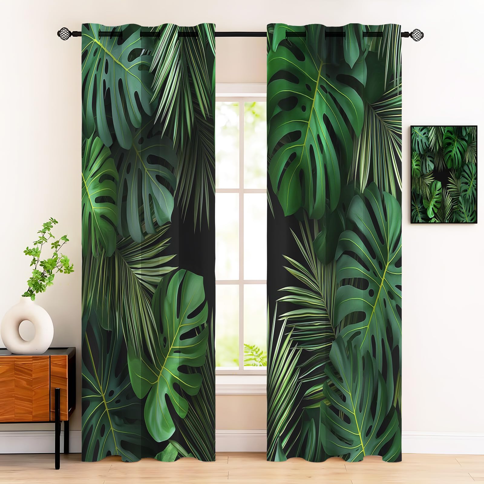 Rideaux occultants motif de plantes de la jungle avec oeillets vert sauge 140x260 cm
