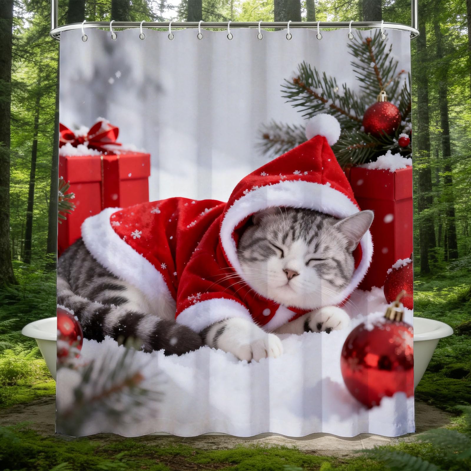 Hongduo White 3D Christmas Cat Shower Curtain For Stalls Bathtubs Xmas Bathroom Decor Shower Curtain Set Polyester Fabric Waterproof 200X200cm/79X79 Inch With Hooks