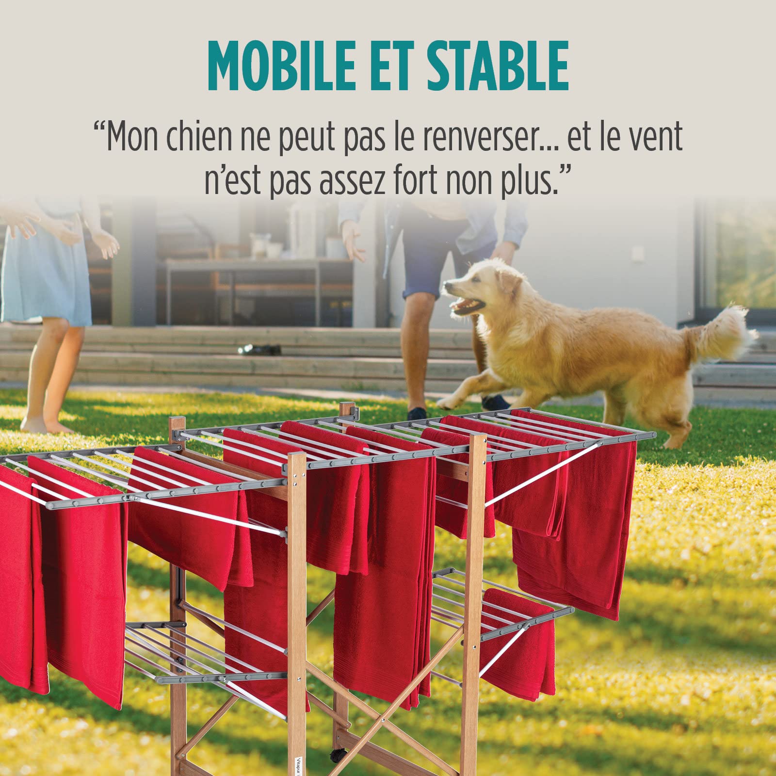 VITAPUR Étendoir à Linge Pliable XXL à 2 Niveaux avec roulettes – Séchoir 21 m de Surface – Structure Stable avec Freins – Gain de Place 12 cm – Séchage Intérieur/Extérieur, Aspect Bois