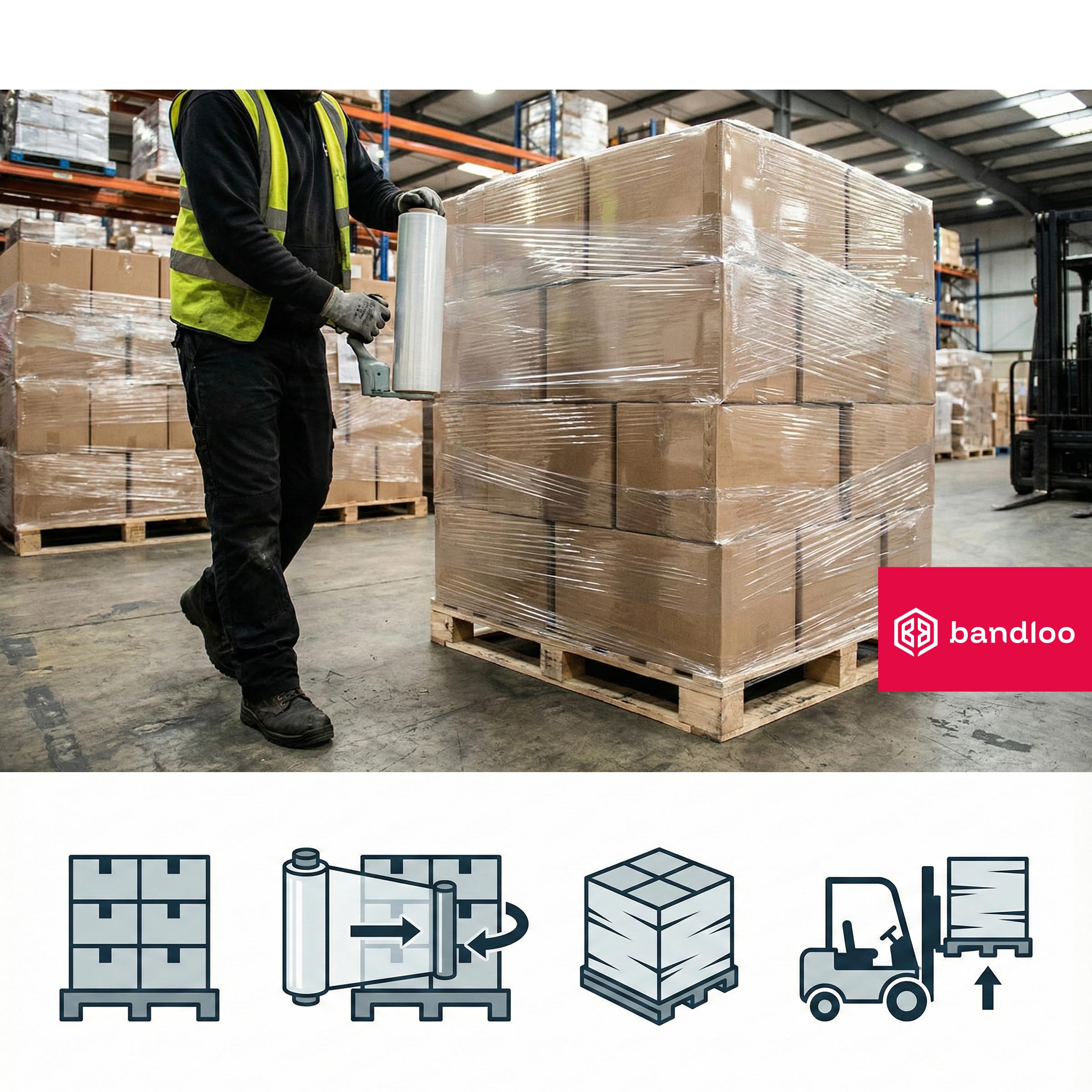 Pellicola Estensibile Trasparente – Bandloo Set 6x 2,5kg. Film Imballaggio Manuale Extra Forte, Antistrappo e Autoadesivo. Rotoli Plastica Industriale per Pallet e Spedizioni Sicure