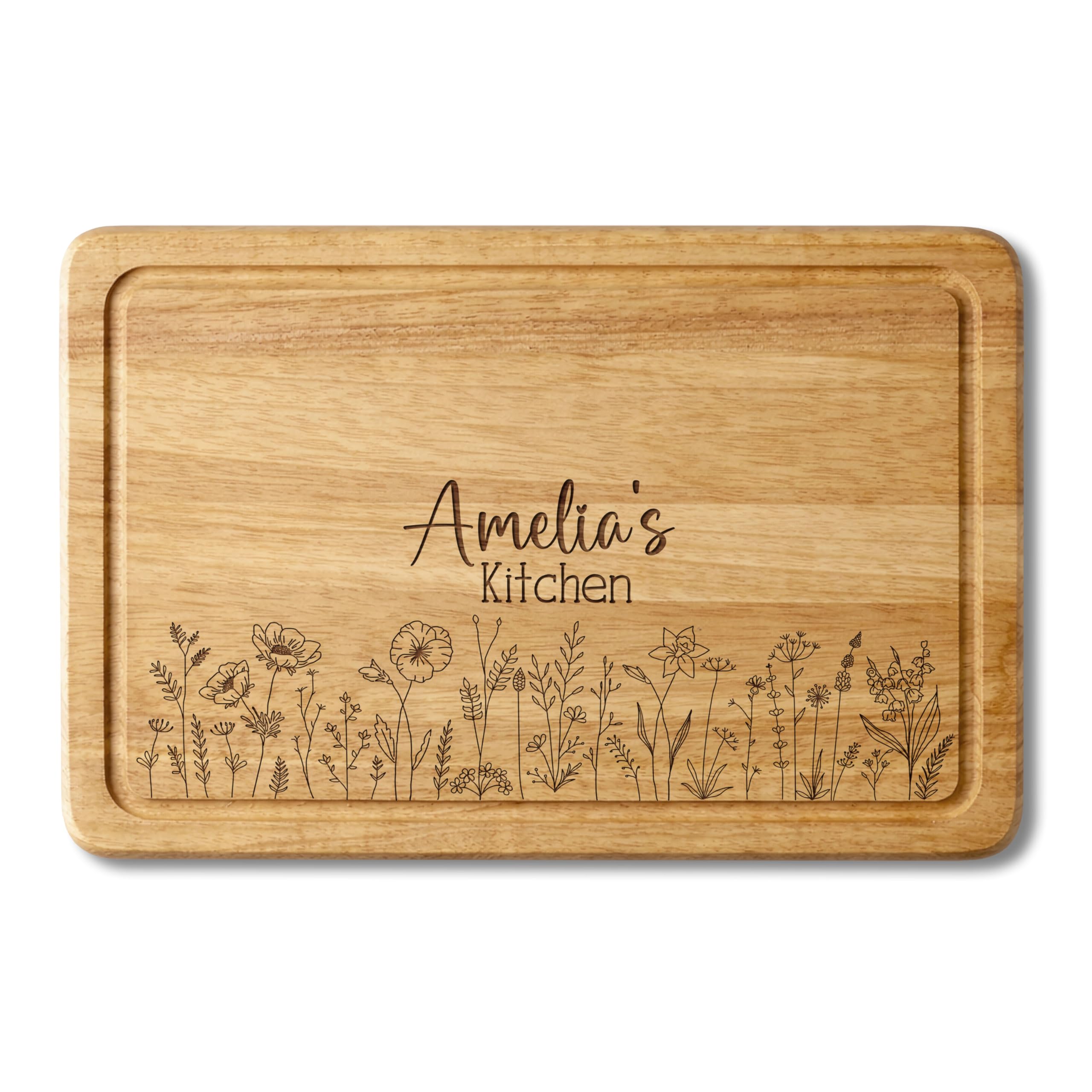 Personalised Solid Wood Chopping Board 30 x 20 cm – Custom Laser Engraved Kitchen Gift - Wildflower Meadow Design