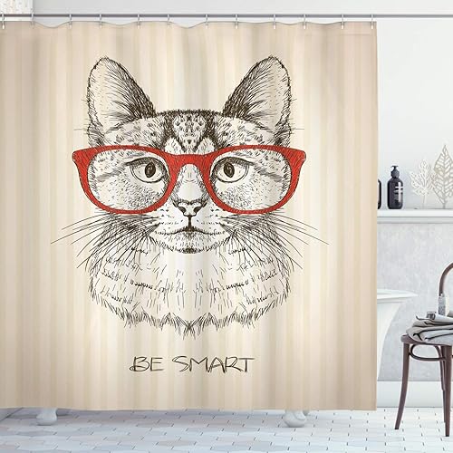Ambesonne Cortina de ducha hipster, gato de animales con palabras retro vintage, gafas de arte incompleto, juego de decoración de baño de tela con