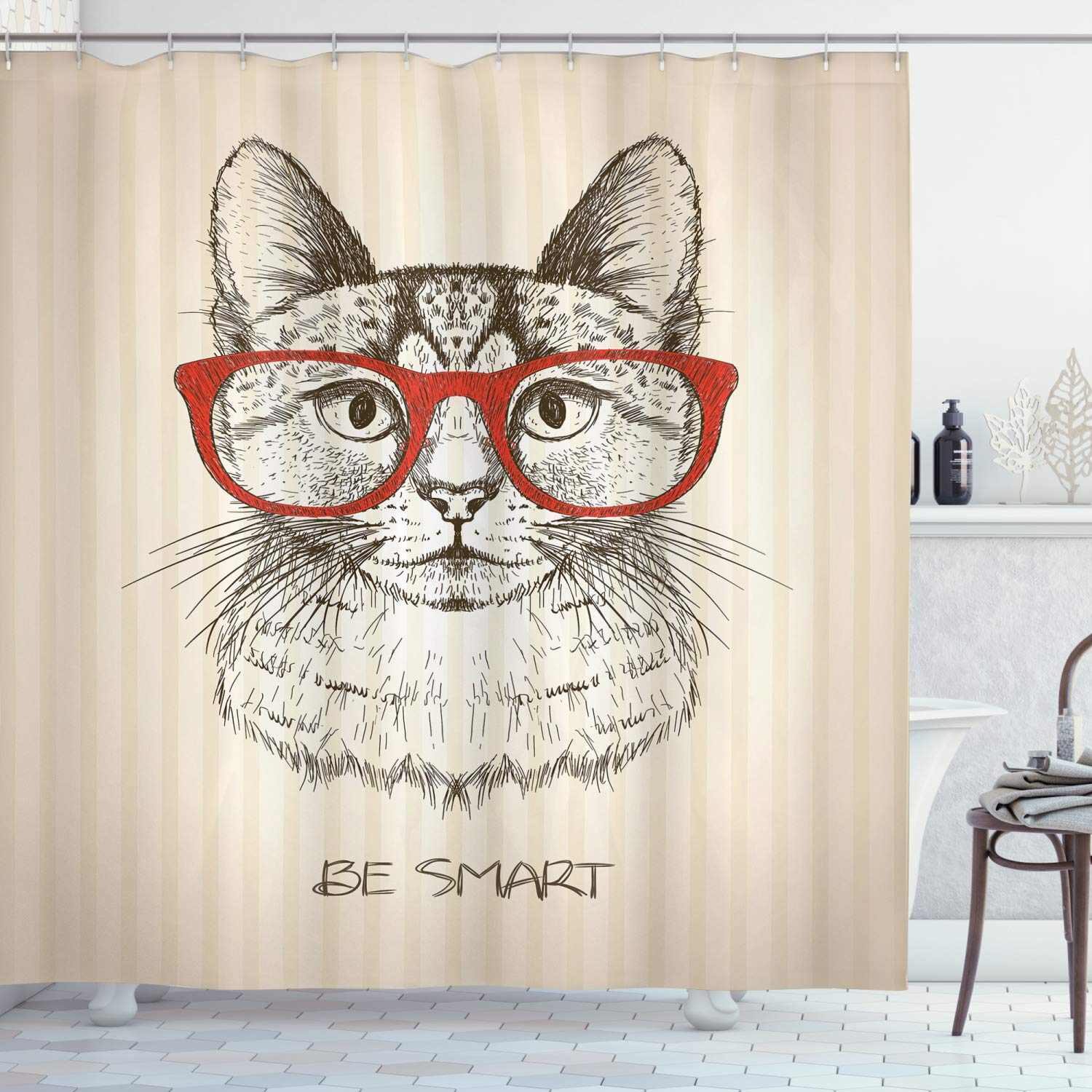 ABAKUHAUS Hipster Shower Curtain, Animal Kitten Cat with Vintage Retro Words Glasses Sketchy Artwork, Cloth Fabric Bathroom Decor Set with Hooks, 86 Inches Extra Long, Olive Green Vermilion โ image 1