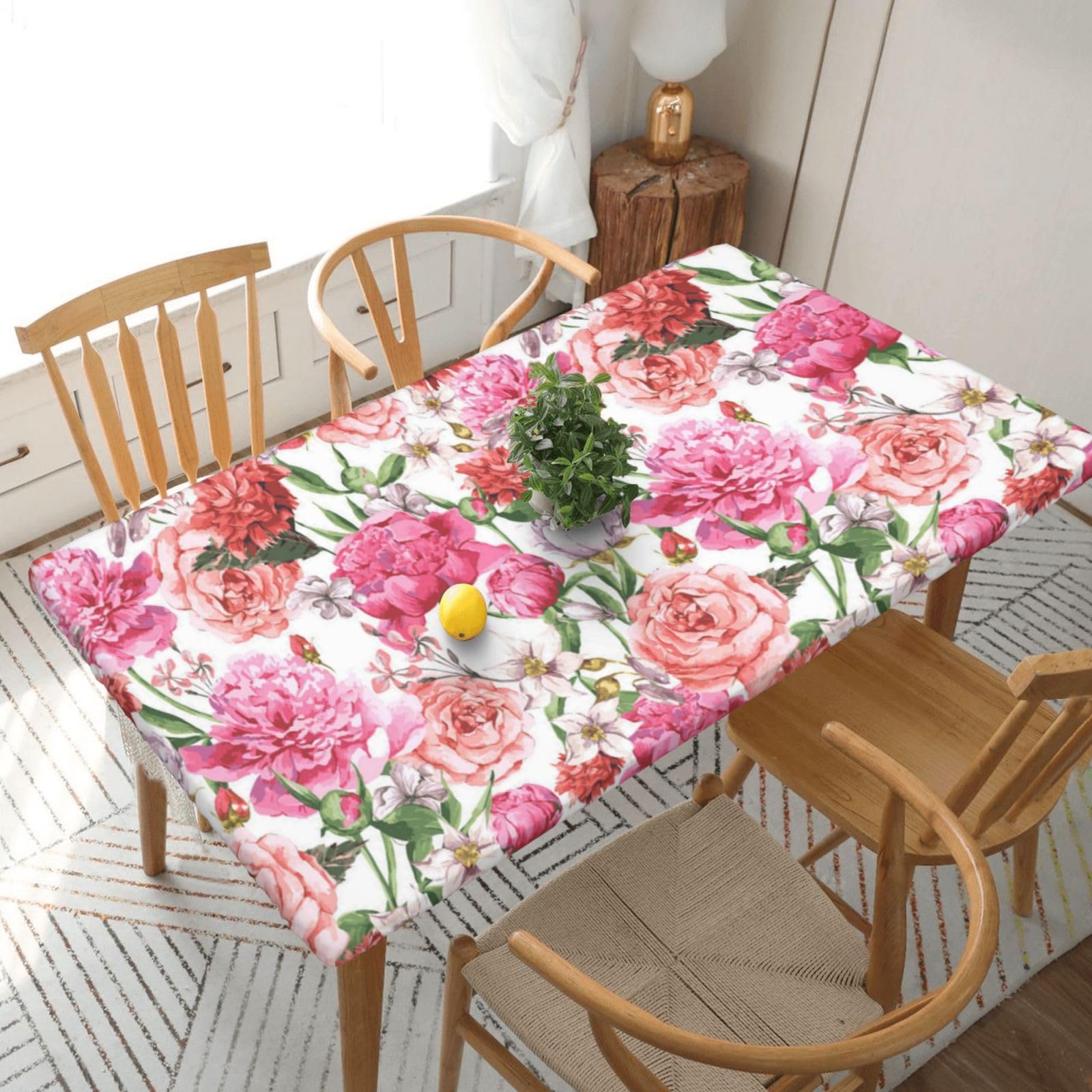 AUGUSTRUSH Garden Peony Rectangle Tablecloth, Fitted Tablecloth For 5 Ft Tables Waterproof Elastic Edge Table Cover For Folding Banquet Tables Wipeable Table Cloth For Picnic Parties (152x76 cm)