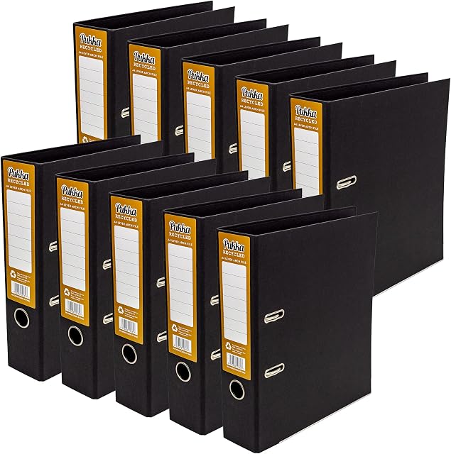 Pukka Pad, Black Recycled Lever Arch A4 Binder - 2 Ring, 70mm Paperboard File - Pack of 10 - Made of 100% Recycled Card, Recycle Me After Use