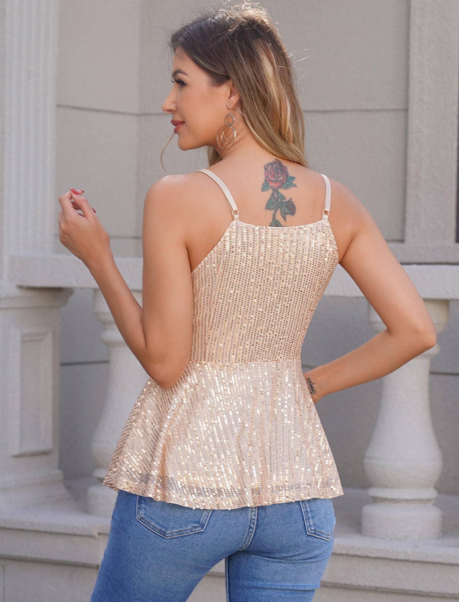 Top con paillettes da donna casual con scollo a V e spalline luccicanti canotte top canottiera senza maniche per feste club