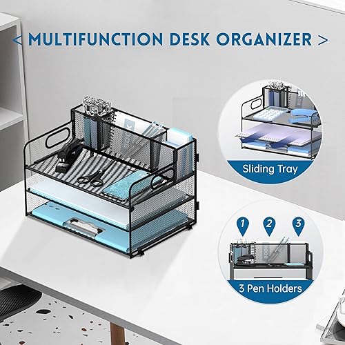Miniatura 4 de Organizador de archivos de escritorio de 3 niveles con soporte para bolígrafos, bandeja de papel de malla para escritorio, soporte plegable con asa