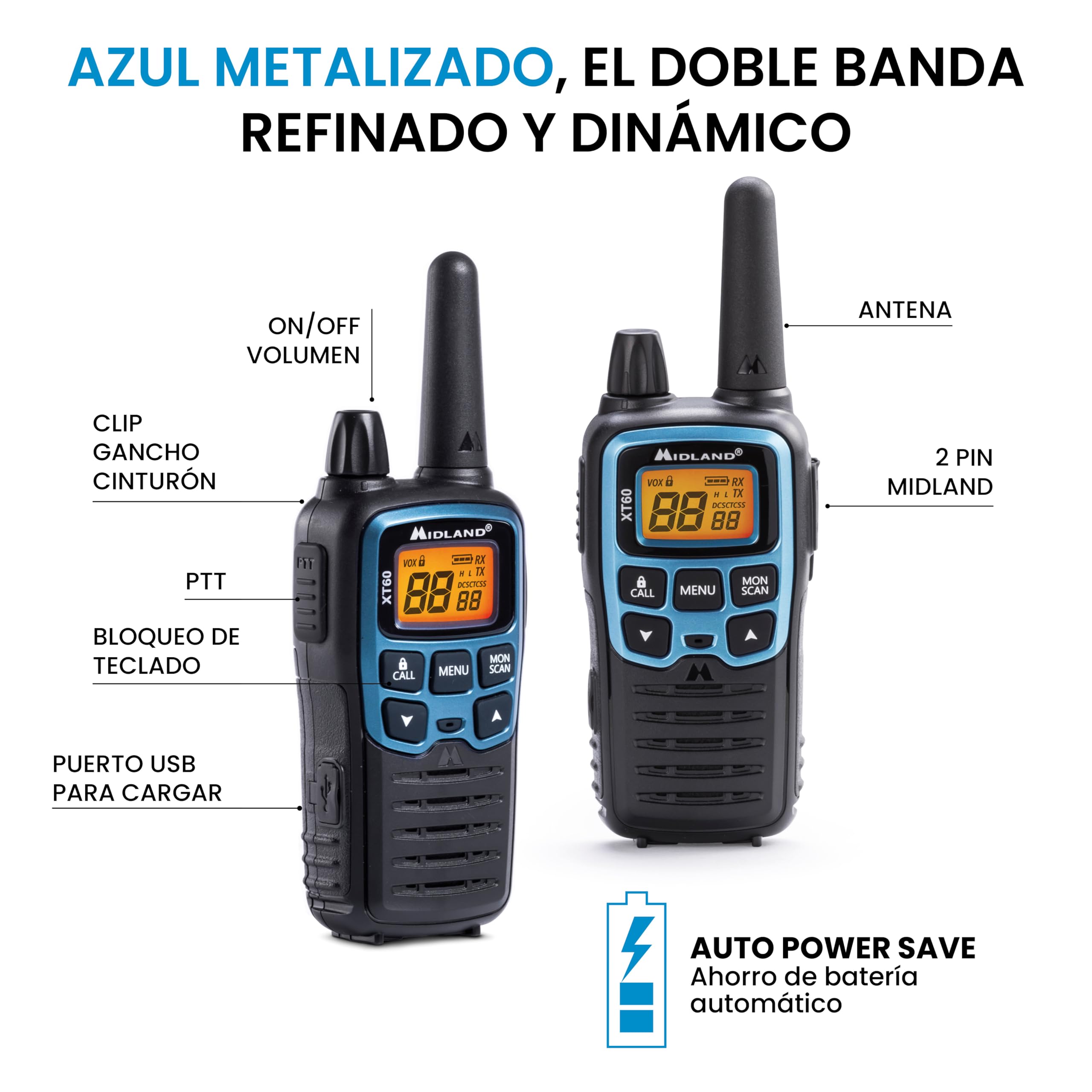 Midland XT60 Walkie Talkie Profesional Largo Alcance Dual Band | 93 Canales (69 LPD/24 PMR446), 38 CTCSS/83 DCS, 10Km Alcance, Carga Rápida, Autonomía 12H