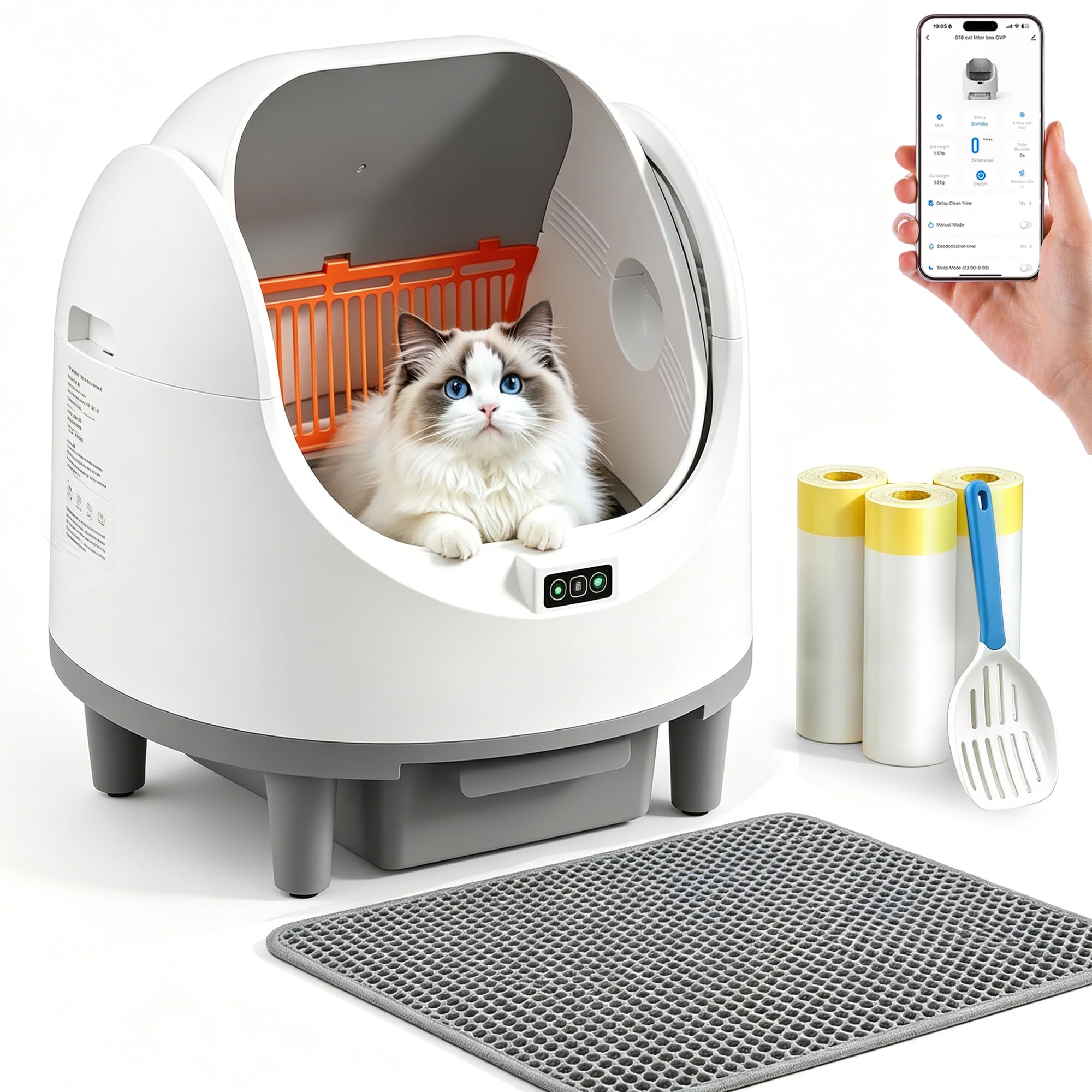Lettiera Gatto Autopulente, 68L+8L, Sicuro, App Controllo, XXL, Antiodore