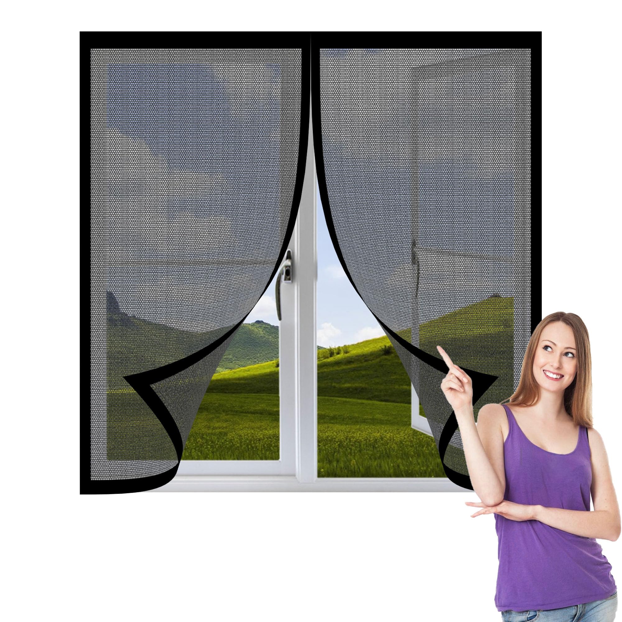 Adjustable Magnetic Fly Screen Window 60 x 130 cm Selfadhesive Tape Magnetic Window Screen Insect Mesh Custom Size for Windows Doors and Patio Screens, Black