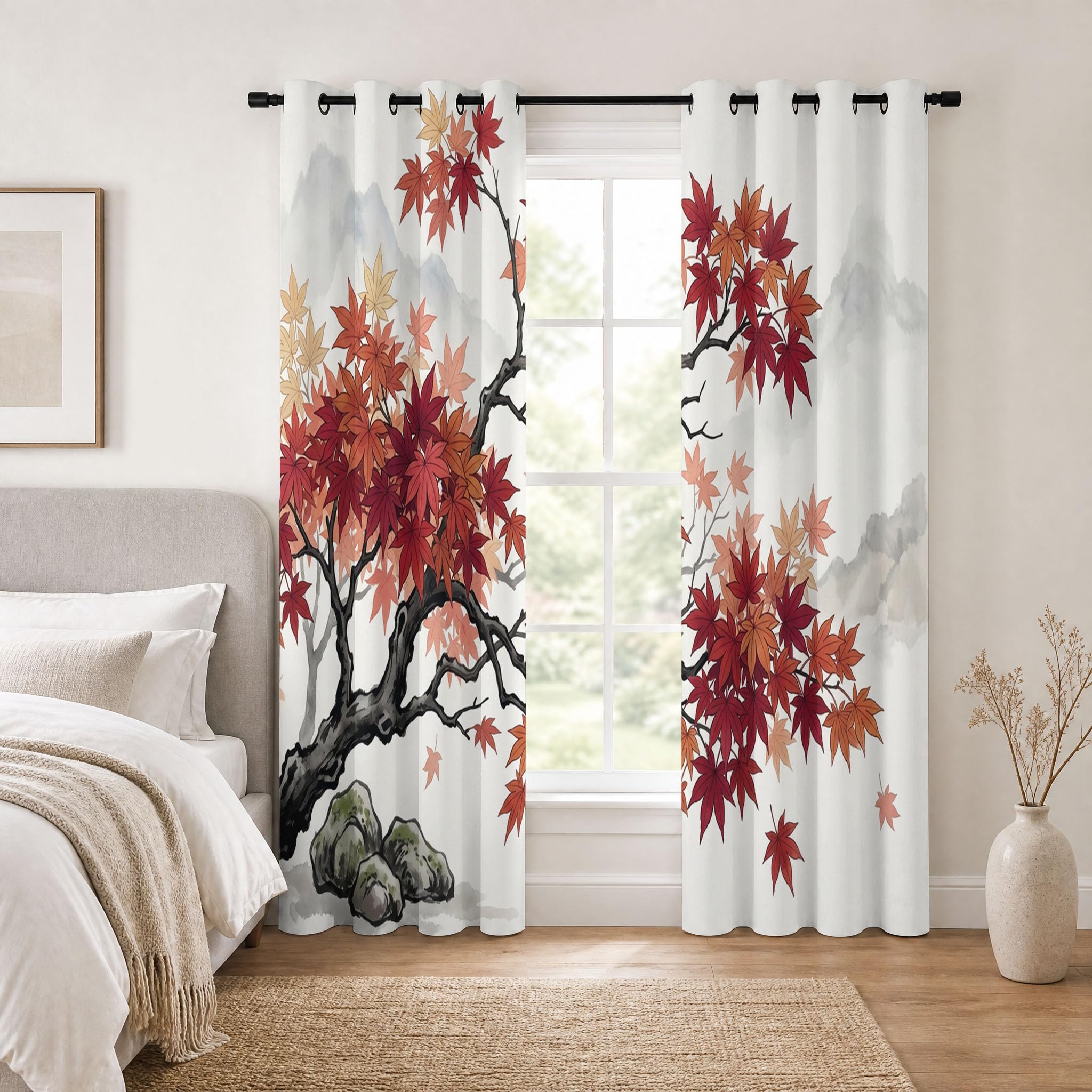 Cortinas Opacas Montañas Dibujadas A Mano Impresión,3D Arce Rojo Cortinas Blackout Termicas Aislantes Frio y Calor con Ojales para Dormitorio Salon 2 Piezas 140×160cm,Beige