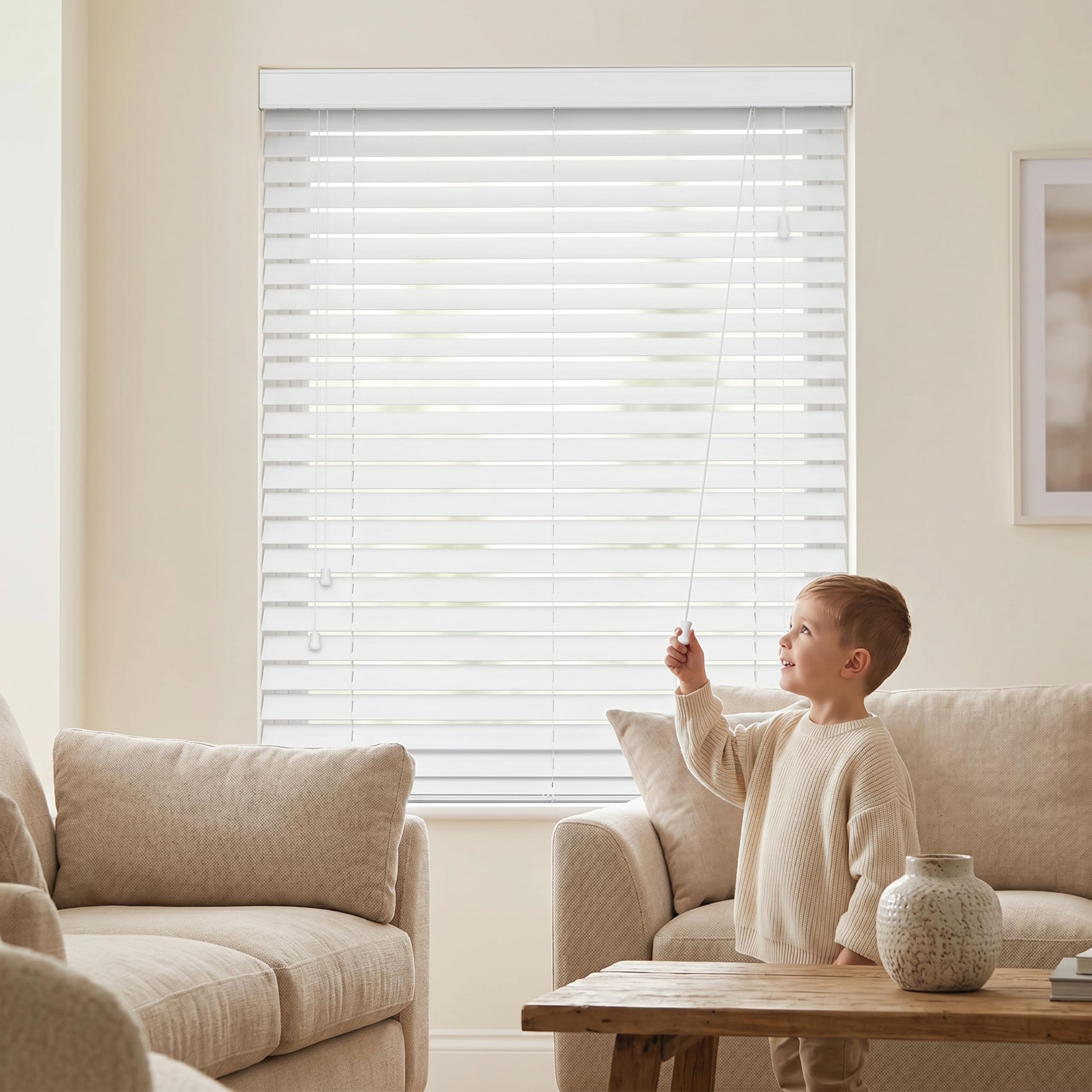 Ev Dekor White Wooden Venetian Blinds With String Design, 50mm Slats, Bathroom, Kitchen, Door, Window Blinds Curtains – 45 X 213cm — image 1