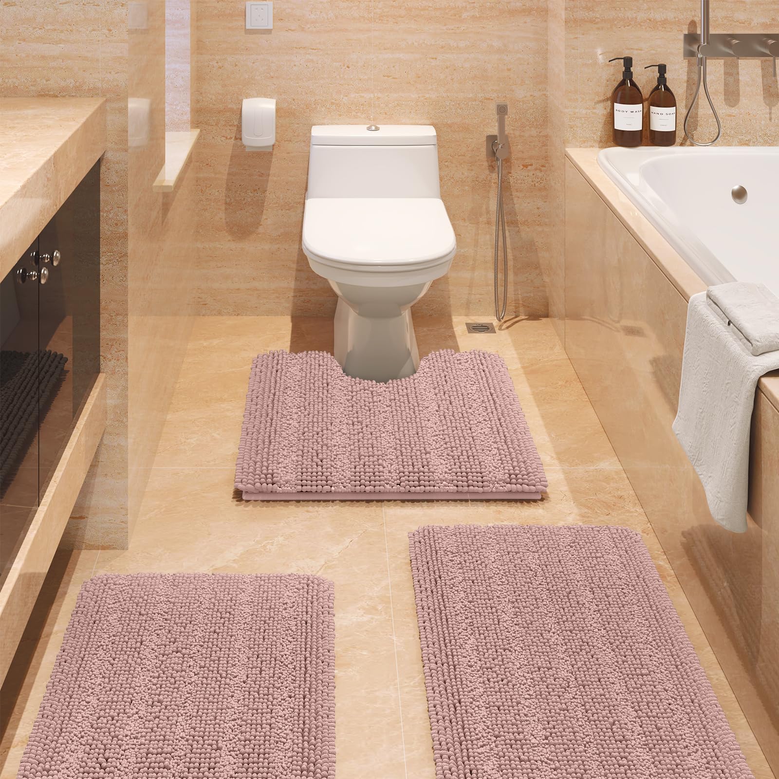 Striped Dusty Pink Bathroom Rug Set 3 Pieces Ultra Soft, Non Slip Chenille Bath Carpet, Absorbent Plush Shaggy Bath Mats for Bathroom, Toilet, Bedroom