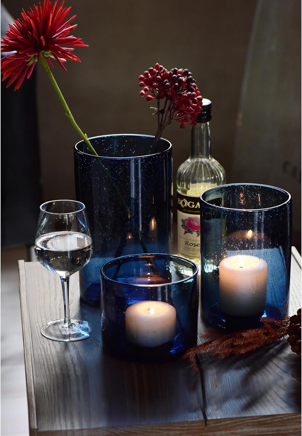 ARIAMOTION Glass Hurricane Candle Holders Bulk for Pillar Blue Seeded Bubbles Cylinder Table Centerpiece Modern Rustic Vases Home Decor 10" 7" 4" Set of 3