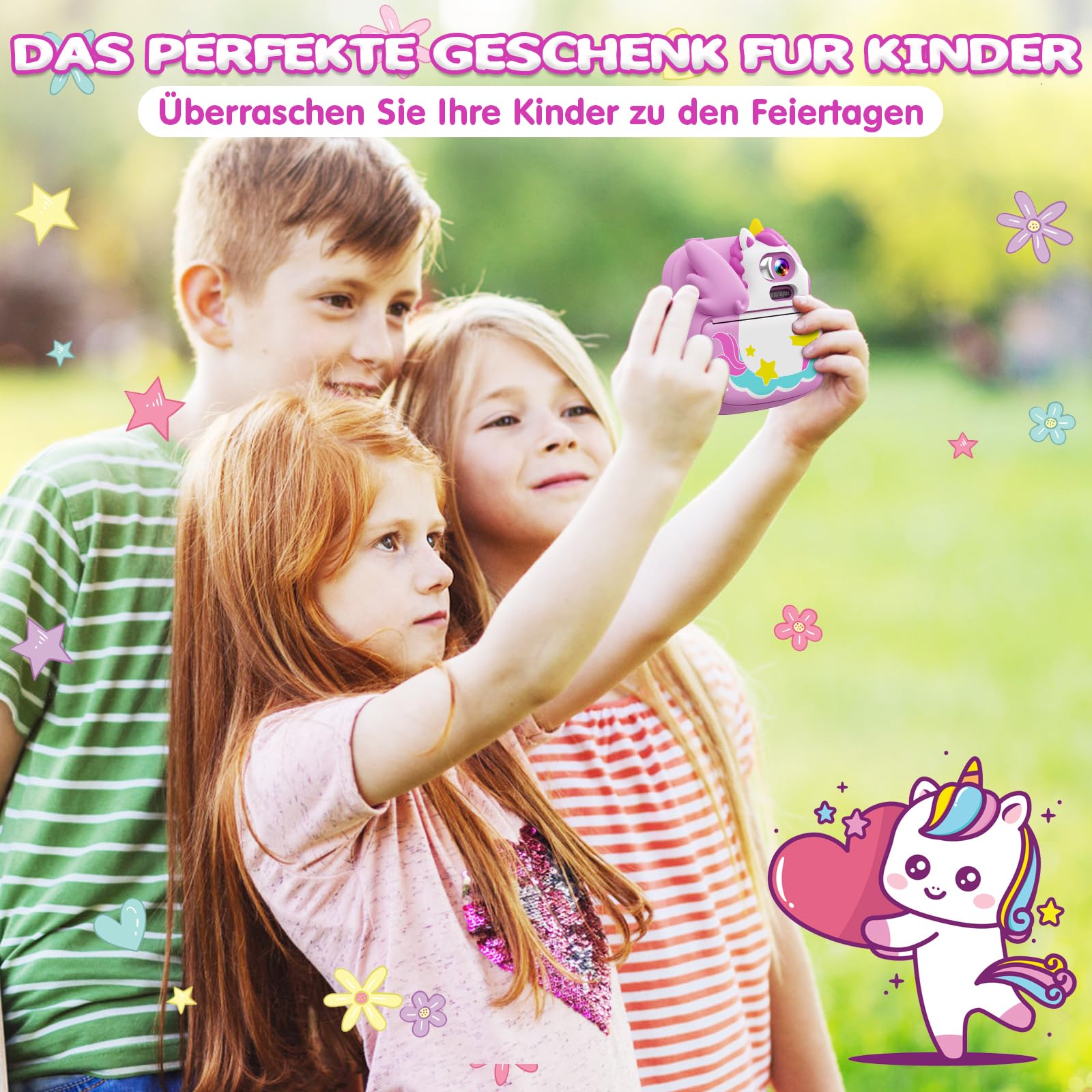 CAMCLID Kinderkamera Sofortbildkamera 2,4 Zoll 1080P HD Digitalkamera mit 32G TF Karte und Fotopapier Lila