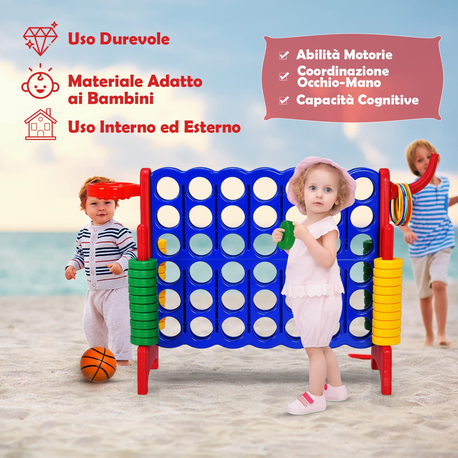 COSTWAY Forza 4 Gigante, Forza Quattro per Bambini con Canestro, Palla, 5 Anelli e 42 Piedine, Giochi Educativi da Esterno ed Interno per Vacanze e Feste, Ideale per Bambini +3 Anni