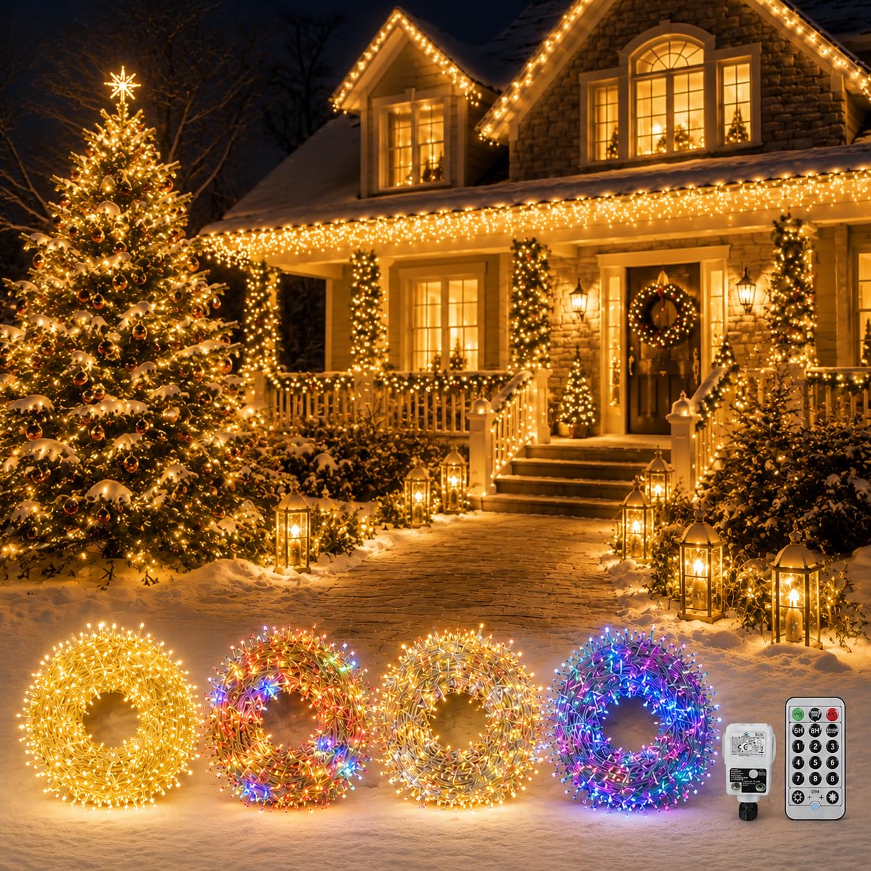 Guirlande lumineuse rideau d'extérieur, 100M longue guirlande lumineuse avec Adapteur Alimentation lumières d'arbre de Noël couleur changeante guirlande lumineuse extérieure avec télécommande