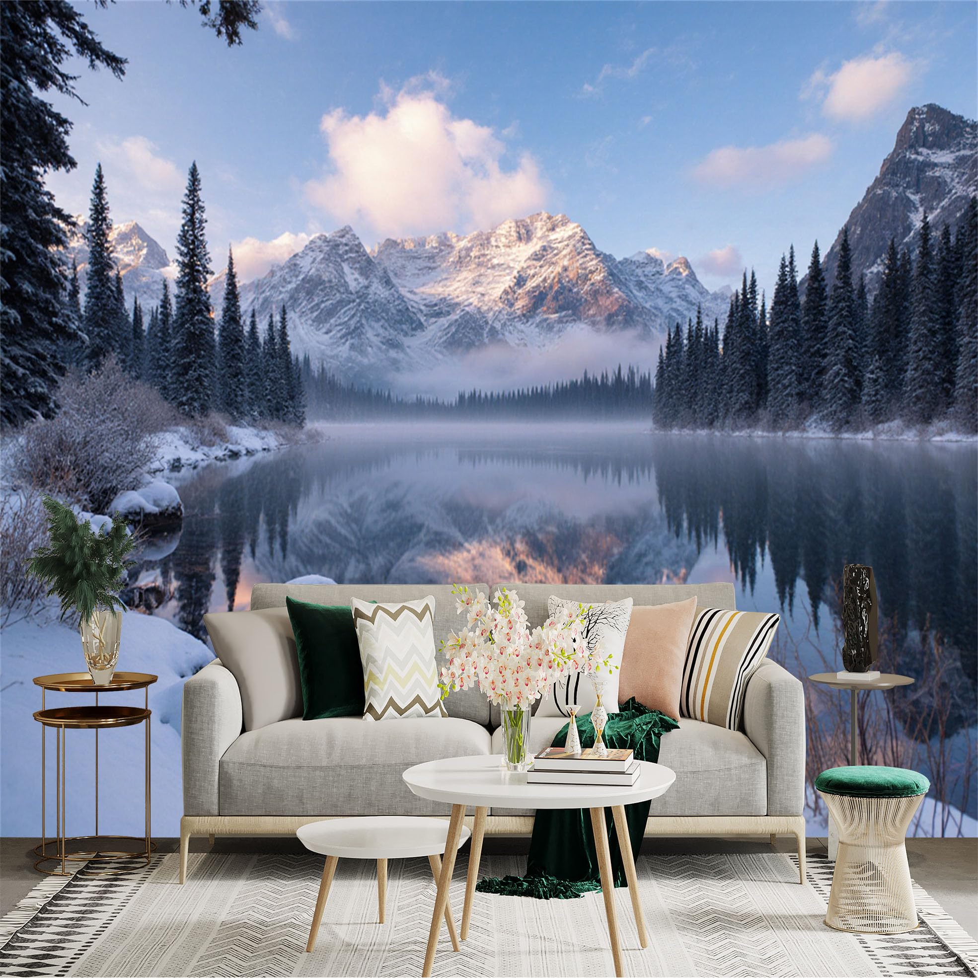 Custom Size Wall Sticker Mural， Snowy Mountain Range， Frozen Lake Surface， Winter Pine Forest Landscape， Misty Morning Scenery， for wall Decoration， peelandstick wall Decals.
