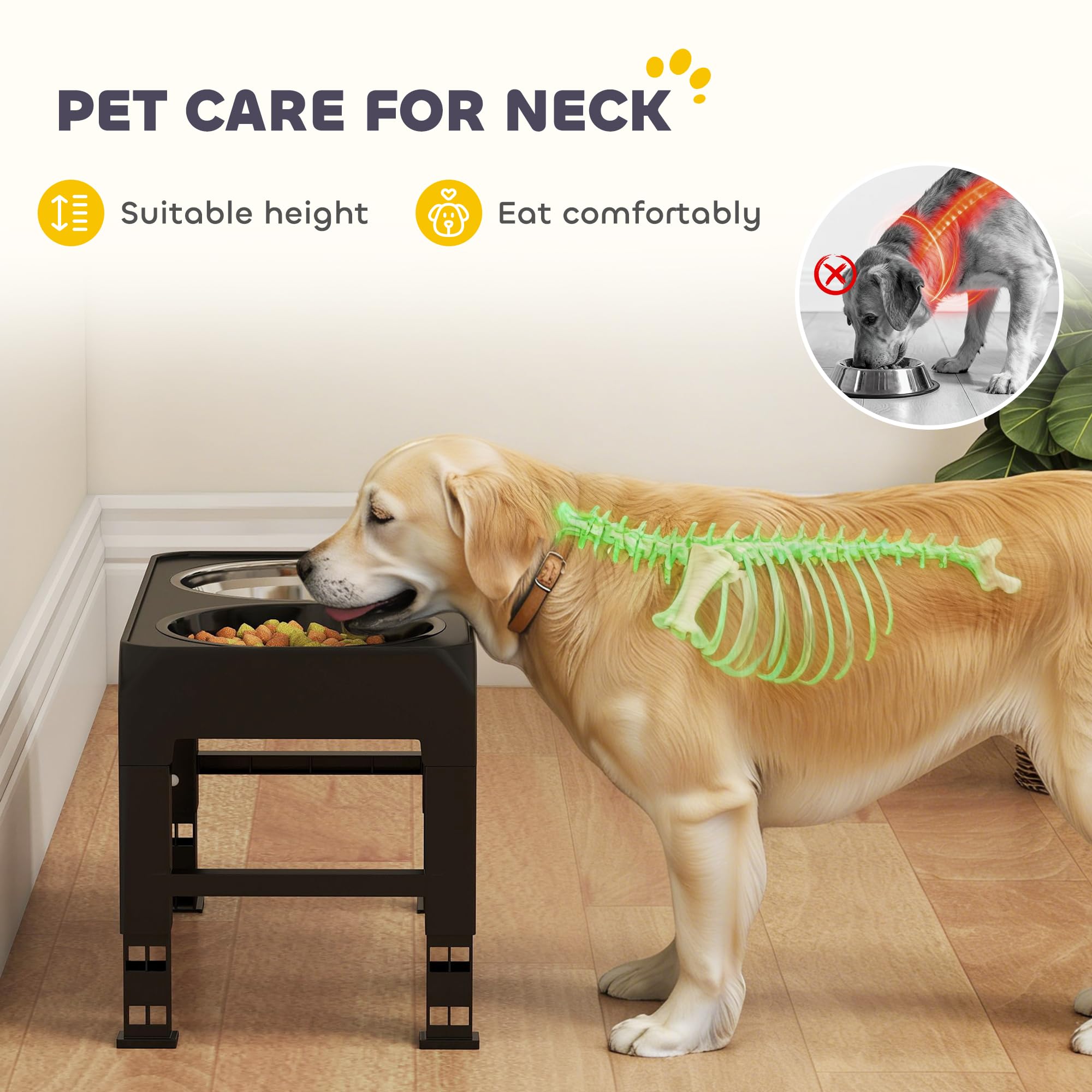 PawHut Gamelle surélevée pliable pour gros chiens Noir | Distributeur en acier inoxydable, 4 hauteurs réglables, station d'alimentation pour animaux, gamelles surélevées pour chien