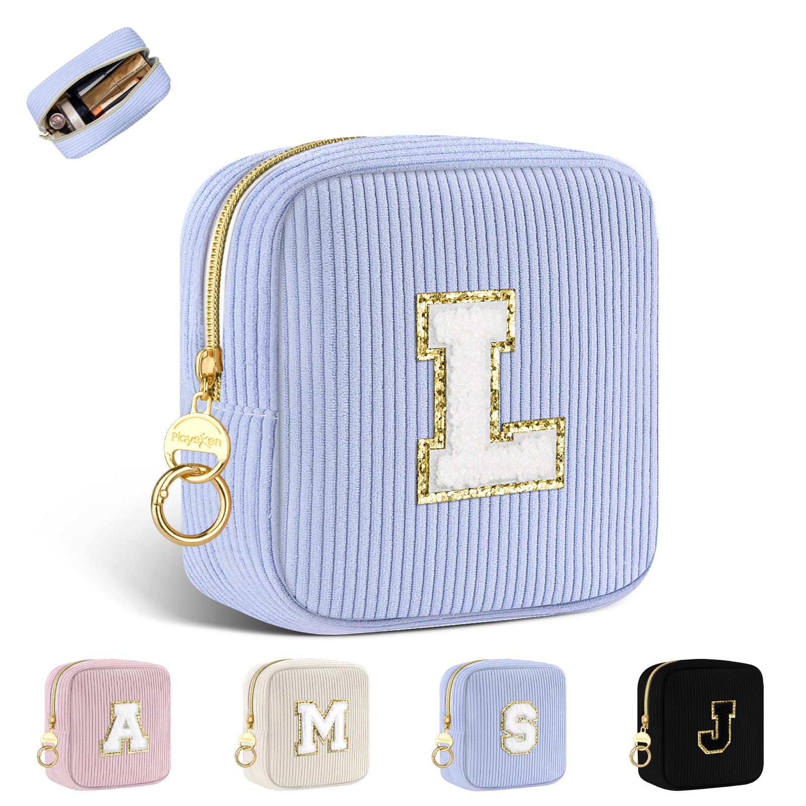Trousse per Trucchi Donna Personalizzata Iniziale Piccola Borsa da Cosmetici Beauty Case da Viaggio Accessori Pochette Trucchi Organizer in Velluto a Coste Regalo per Ragazza Amica Compleanno Azul L