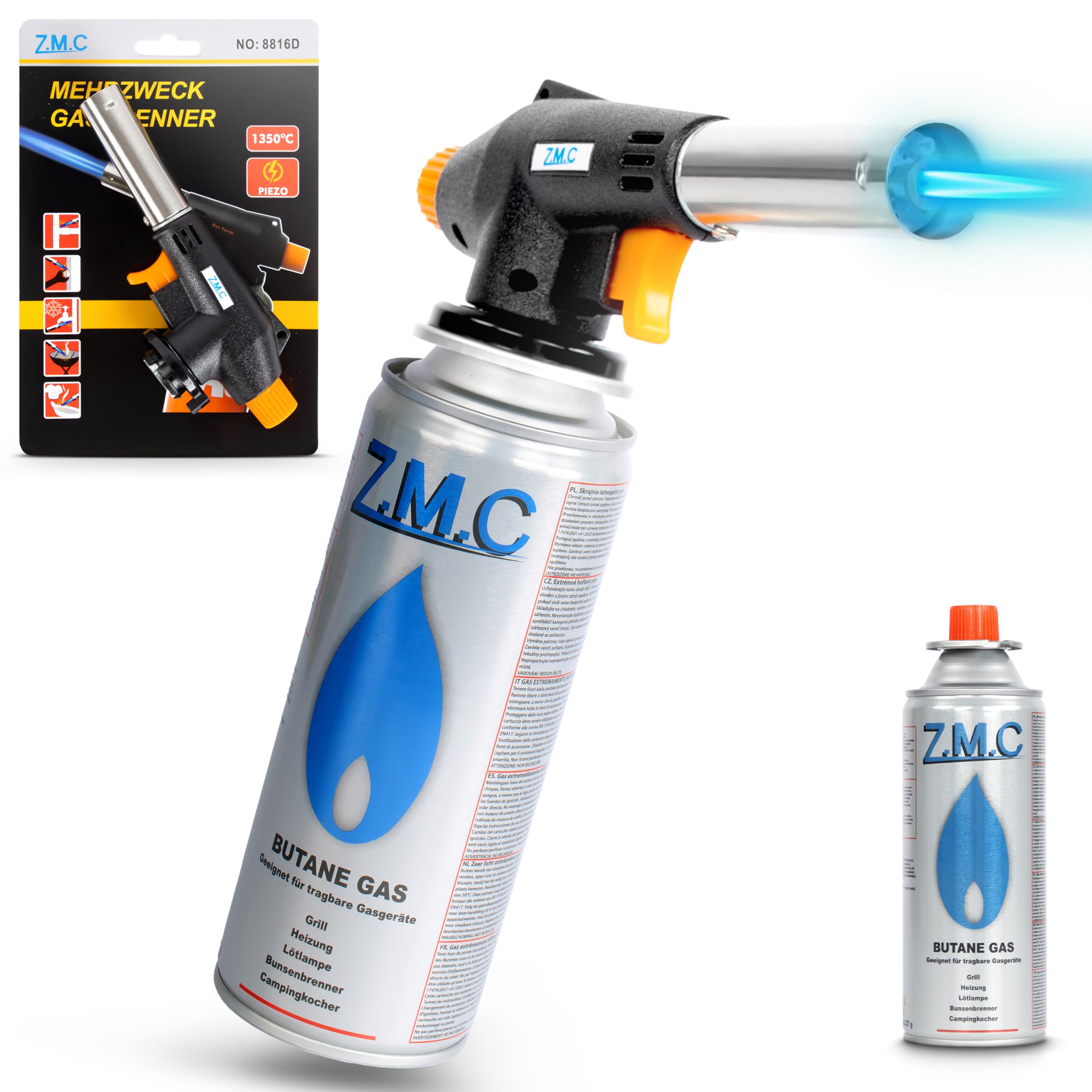 Z.M.C Bruciatore a gas + 28 cartucce a gas da 227 g, bruciatore a flamber fino a 1300 °C, torcia a saldatura, torcia da cucina con fiamma regolabile