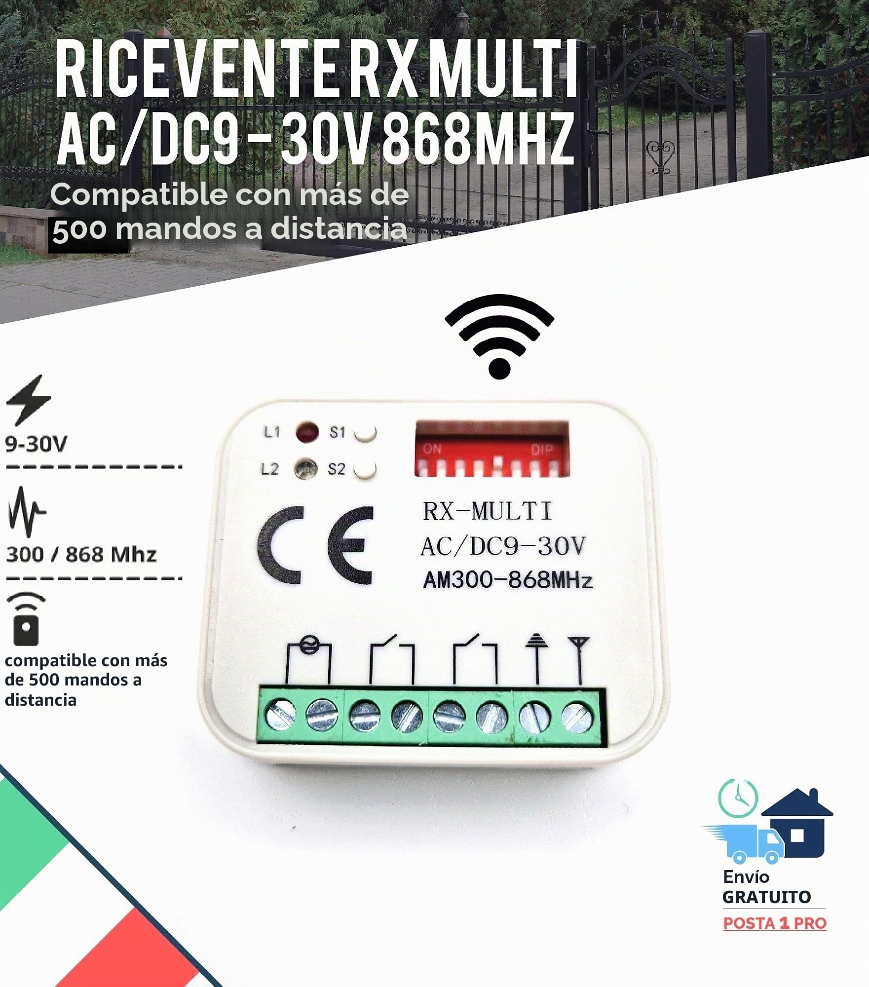 Receptor de centralina de radio universal con mando a distancia multimarca para puerta de garaje automática de 2 canales fijo y código Rolling 9/30V 433 868 MHz AC/DC