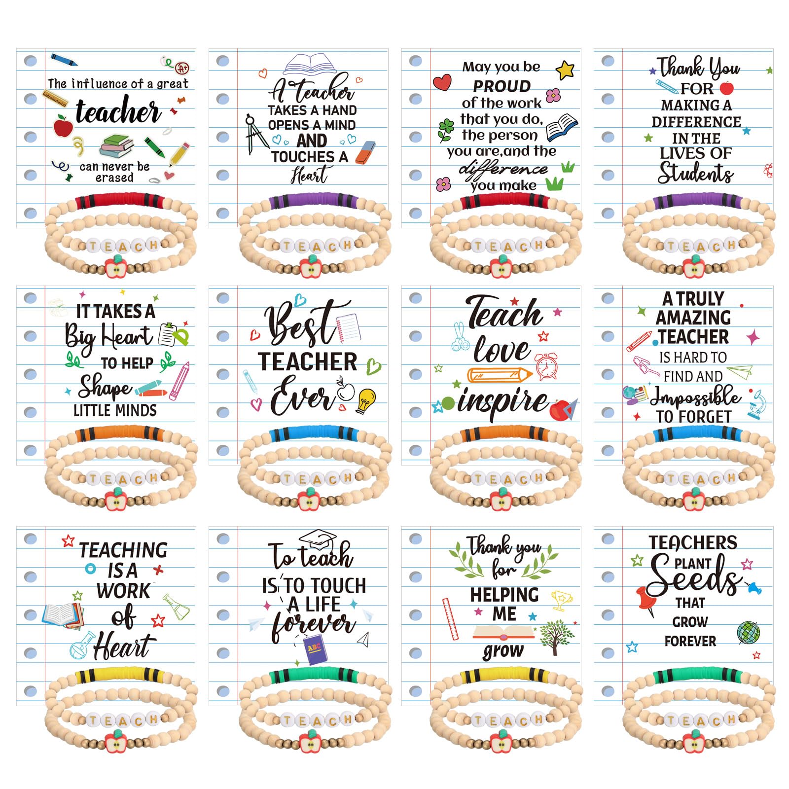 Huquary 12 Set/24Set End of Year Teacher Gifts Teacher Bracelet Bulk Clay Beaded Bracelet with Card OPP Bag
