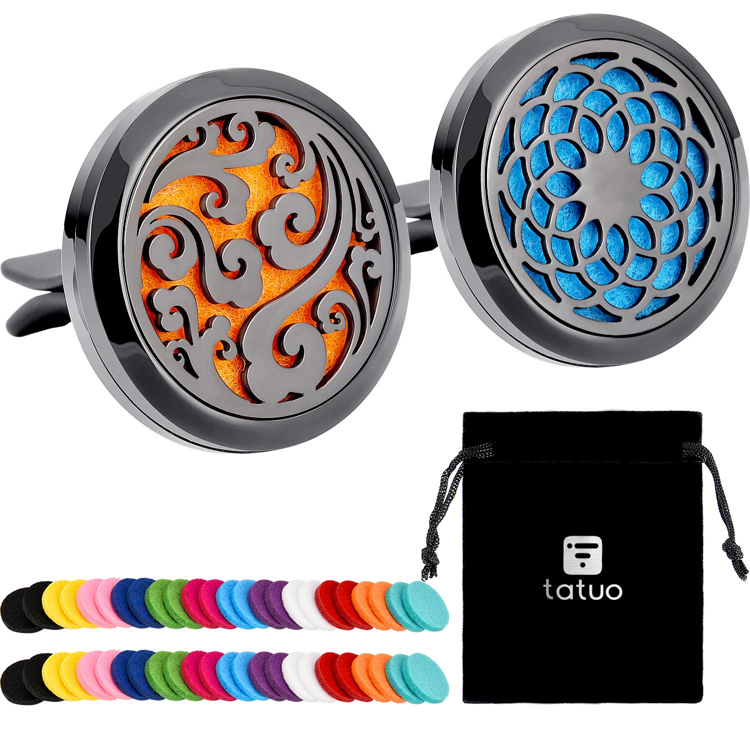 2 Pieces 316l Car Aromatherapy Essential Oil Diffuser Air Freshener with Vent Clip 48 Felt Pad Christmas Gift for Women Men(Cloud, Sunflower Patterns)