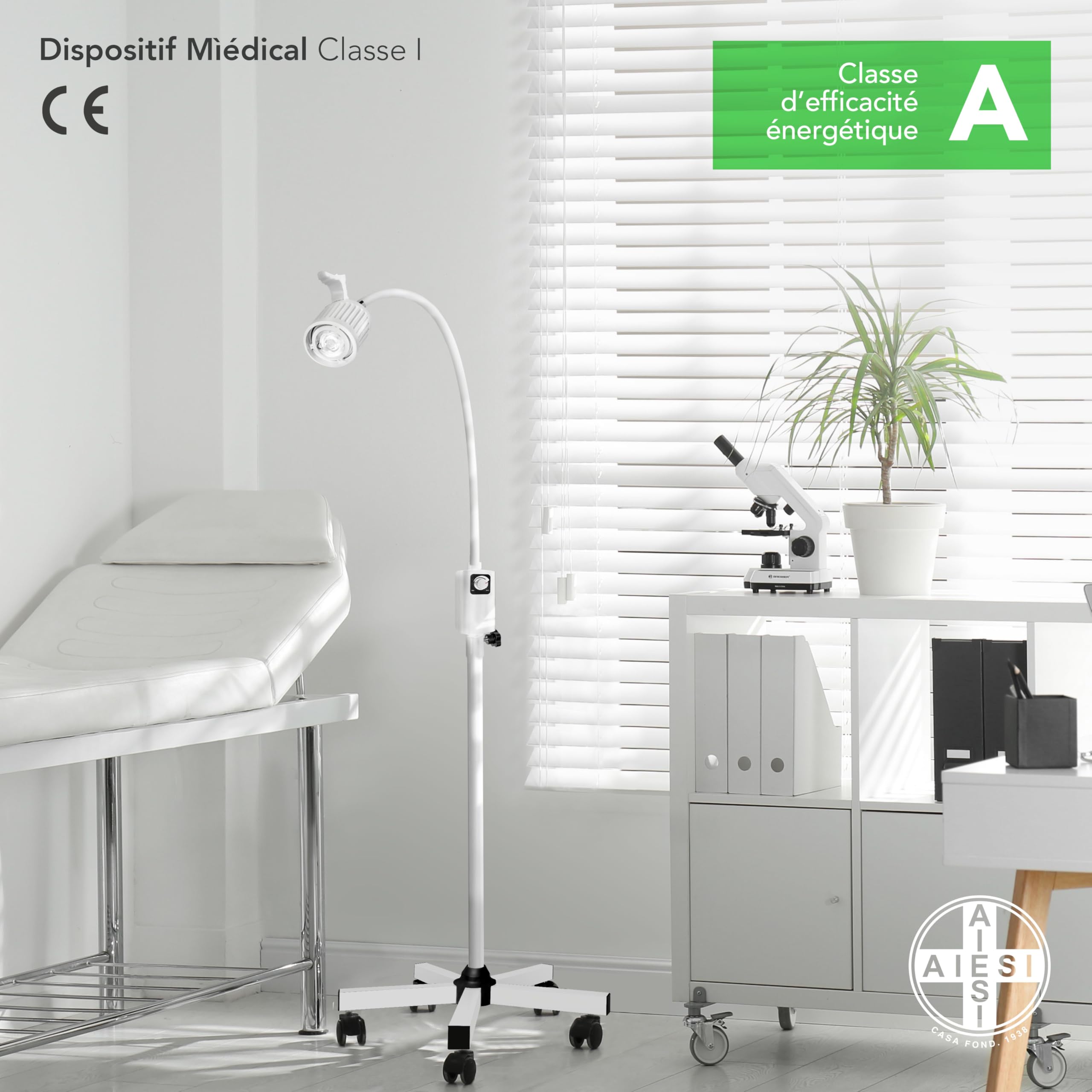 AIESI® Lampe d'examen médical à LED avec bras flexible sur pied avec roues pivotantes à usage médical, Articulation directionnel, Garantie 24 mois