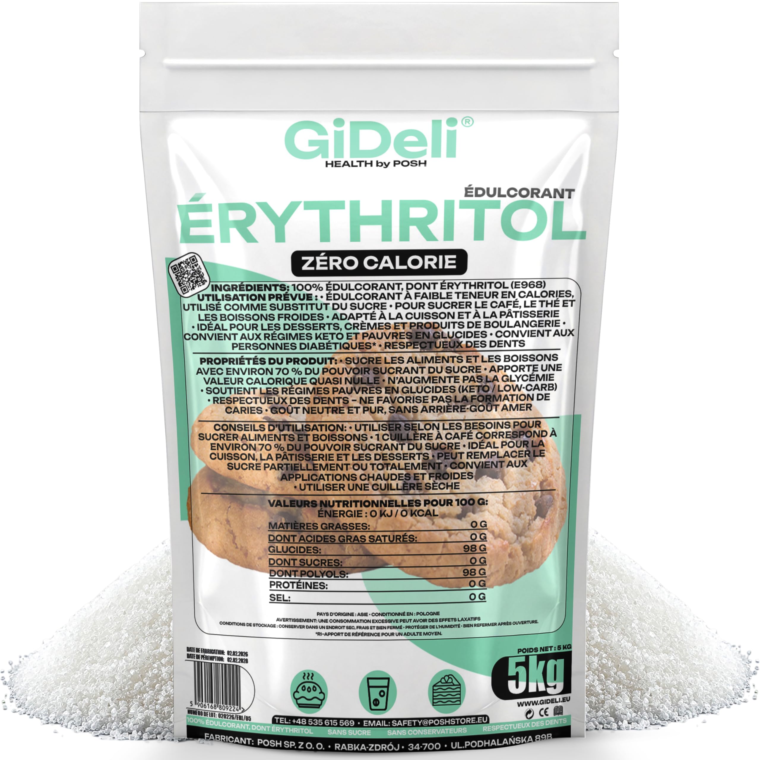 GiDeli Erythritol 5 kg de sucre cristallisé sans calories, substitut alimentaire comme alternative au sucre végétalien et respectueux des dents