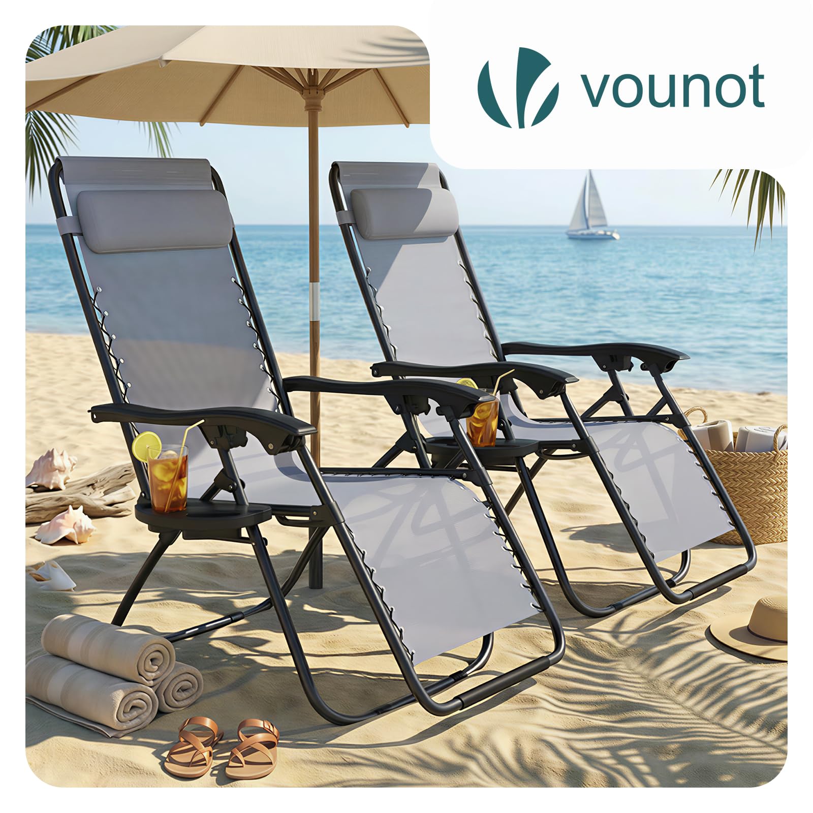 VOUNOT® Set de 2 Tumbona Plegable Multiposicione Jardín, Silla Gravedad Cero Reclinable, con Soporte para Bebidas y Reposacabezas Axtraíble, Carga máxima 120kg, Gris