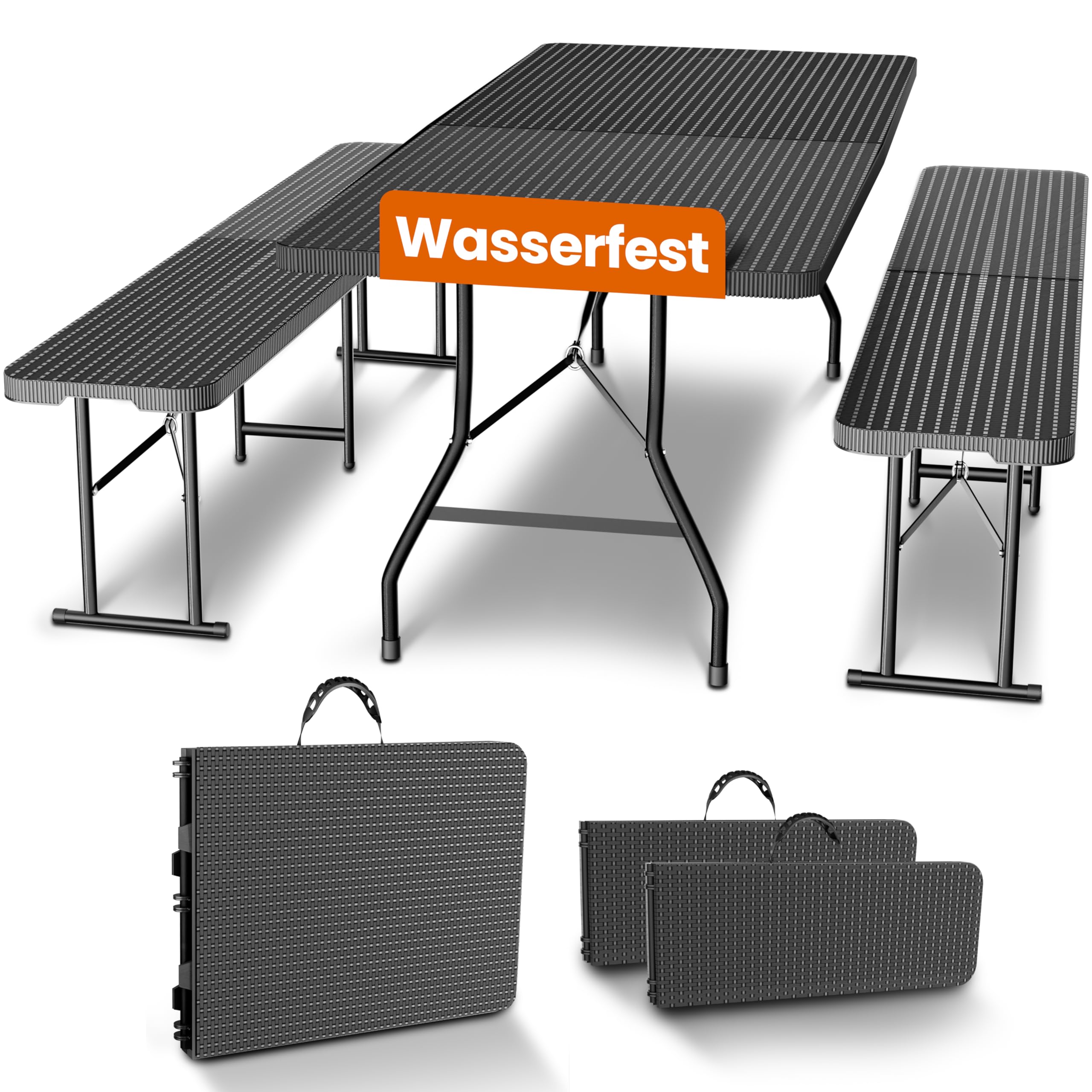 NewHabitat Kunststoff Bierzeltgarnitur Klappbar I 3er Set, Tisch + 2 x Bank mit Tragegriffe, Biertischgarnitur, Festzeltgarnitur, Bierbank klappbar, HxBxT: 75x180x75 cm (Schwarz)