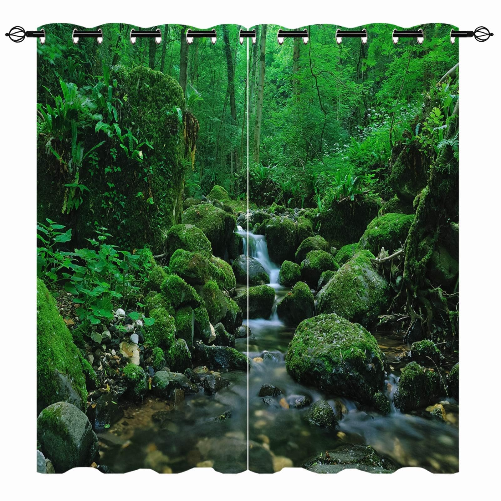 YUANZU Waterfall Curtains - Forest Jungle Wild Nature Theme Mountain Stream Scenery Print Pattern Eyelet Blackout Thermal Room Darkening Window Drapes for Bedroom Living Room 2 Panels W140cm x D245cm