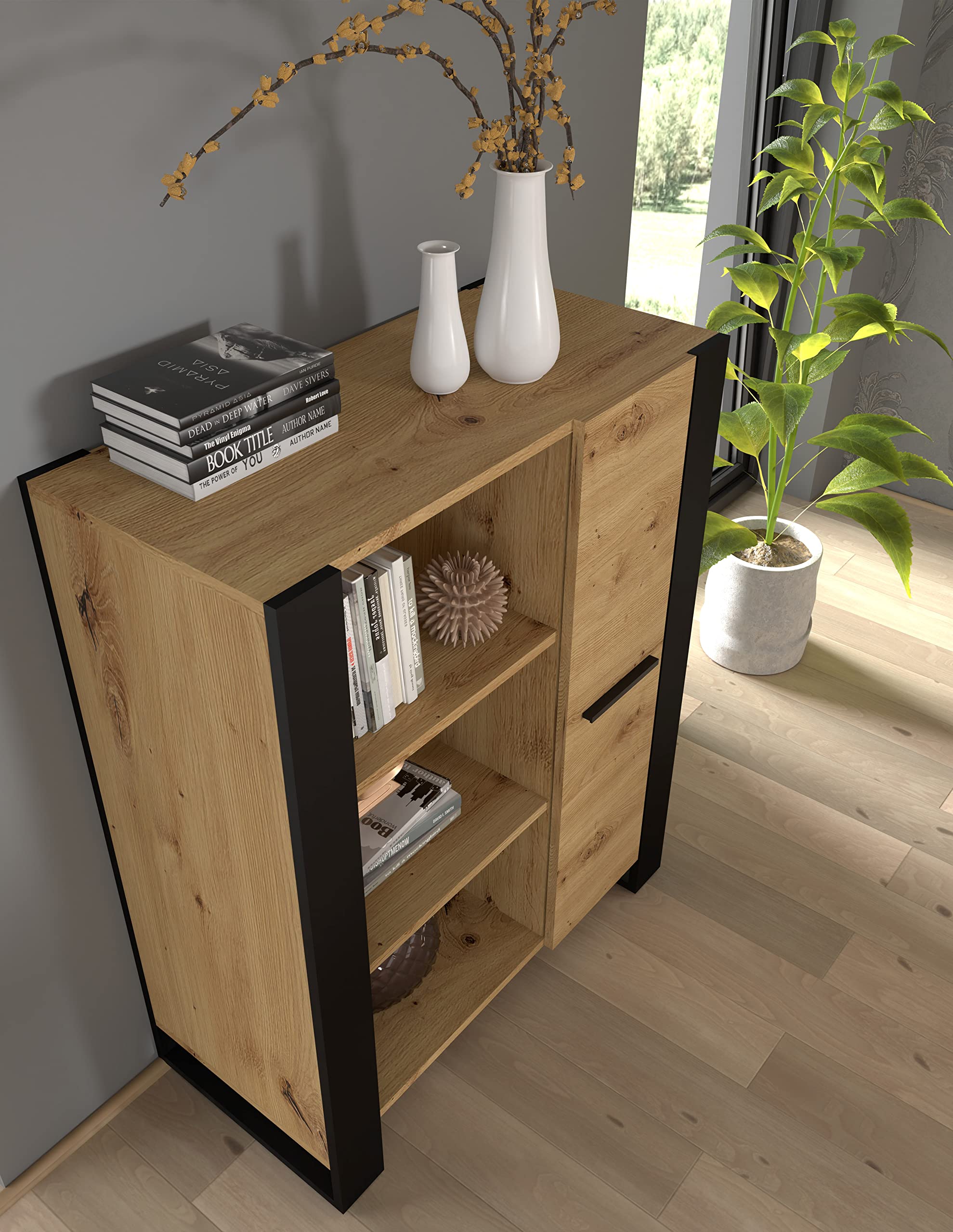 Regał stojący 90 cm do salonu i biura – nowoczesny regał loftowy z półkami do przechowywania, funkcjonalny i uniwersalny mebel, dąb artisan czarny NUKA J