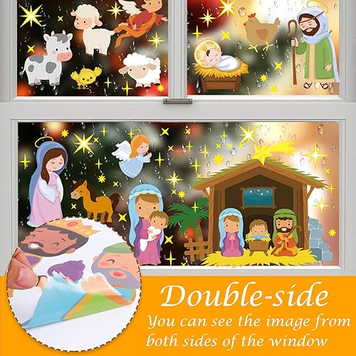 Miniatura 3 de HOWAF Calcomanías de Navidad para ventana, 9 hojas de belén, noche santa, Navidad, temática religiosa, decoración de suministros de fiesta de