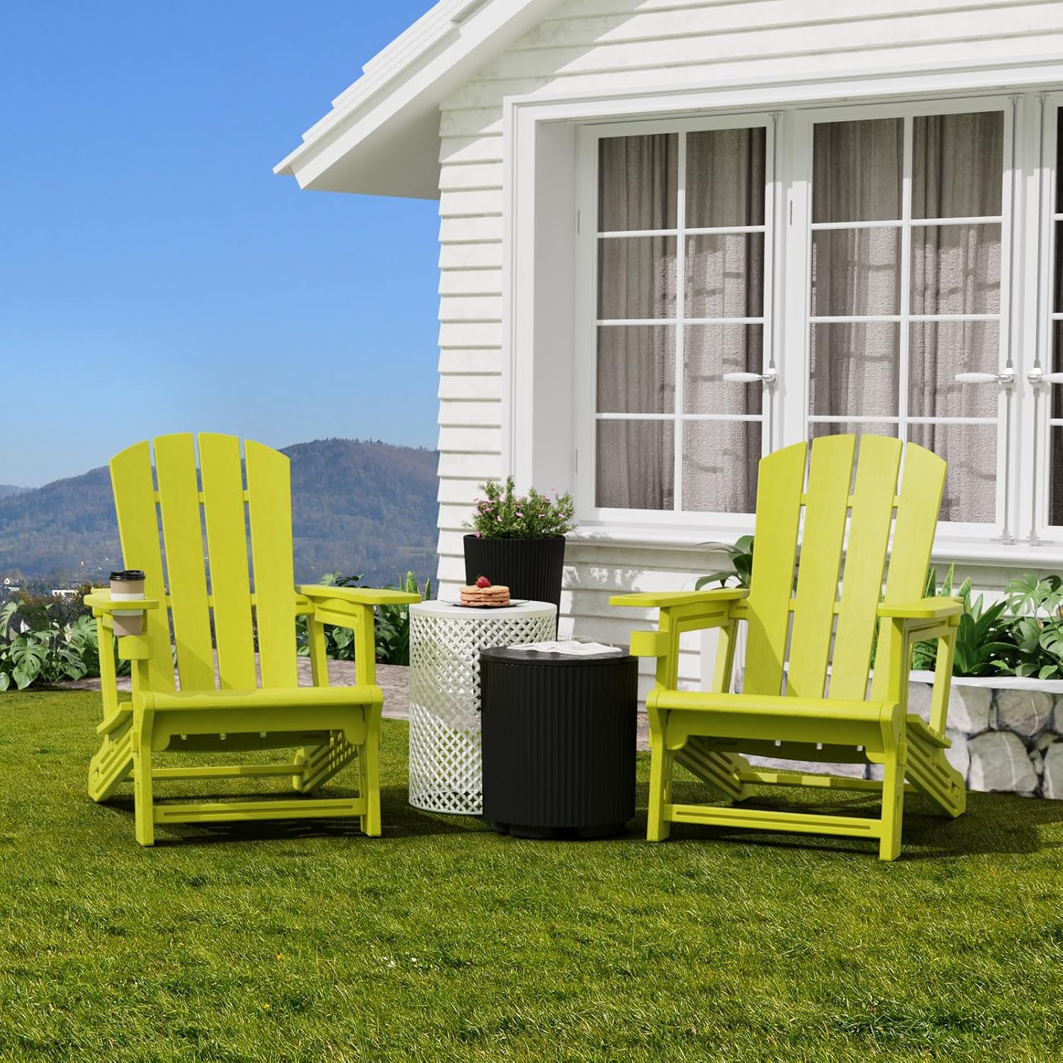 Adirondack Chair，Plastic Outdoor Chairs Without Screws Install，Patio Adirondack with Cup Holder，400 LBS Capacity Recliner Chair Garden Chair for Backyard Lawn Beach Yellow